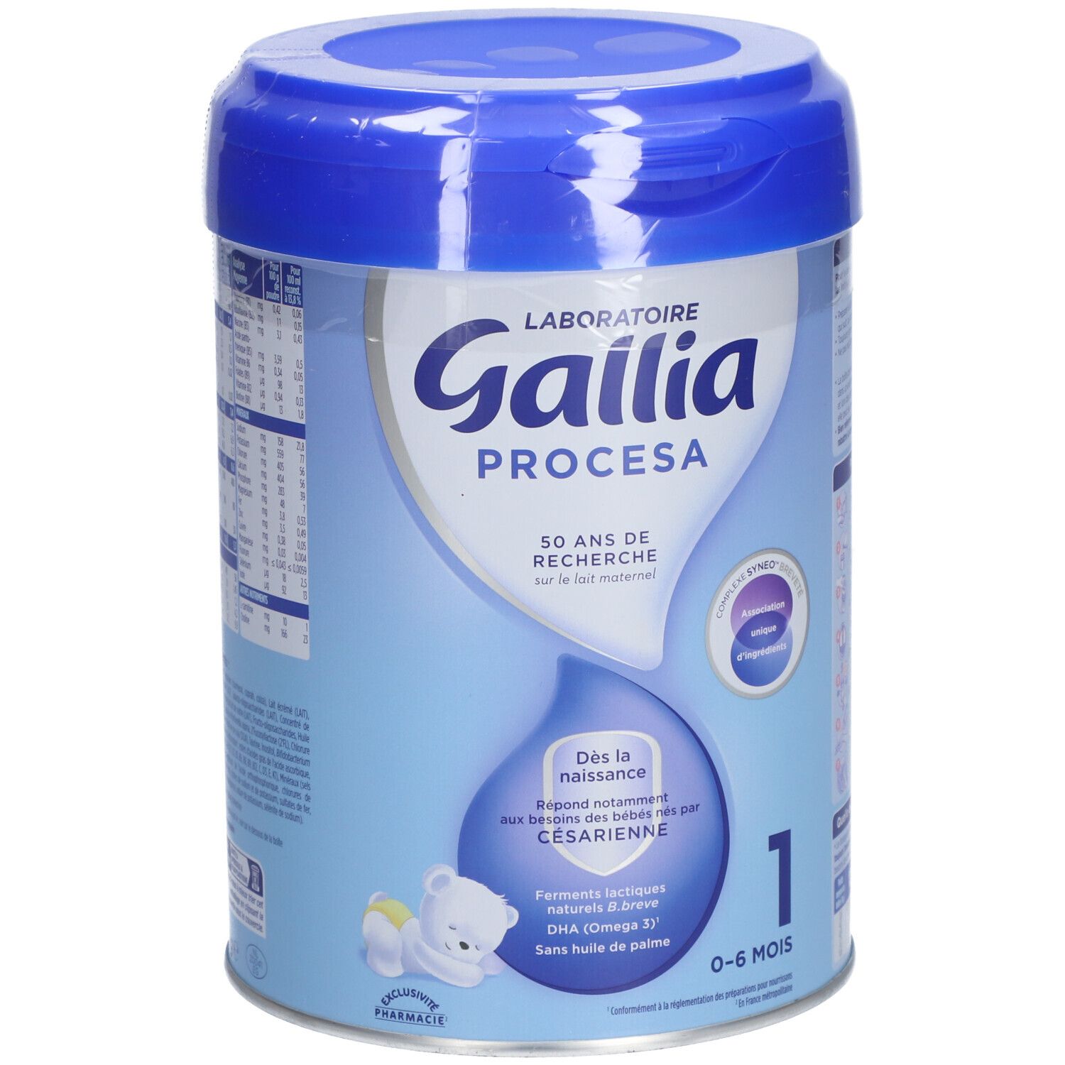 Boîte bleue claire avec couvercle bleu. Inscription: Gallia Procesa, 1, 0-6 mois. Contient DHA (Oméga 3).