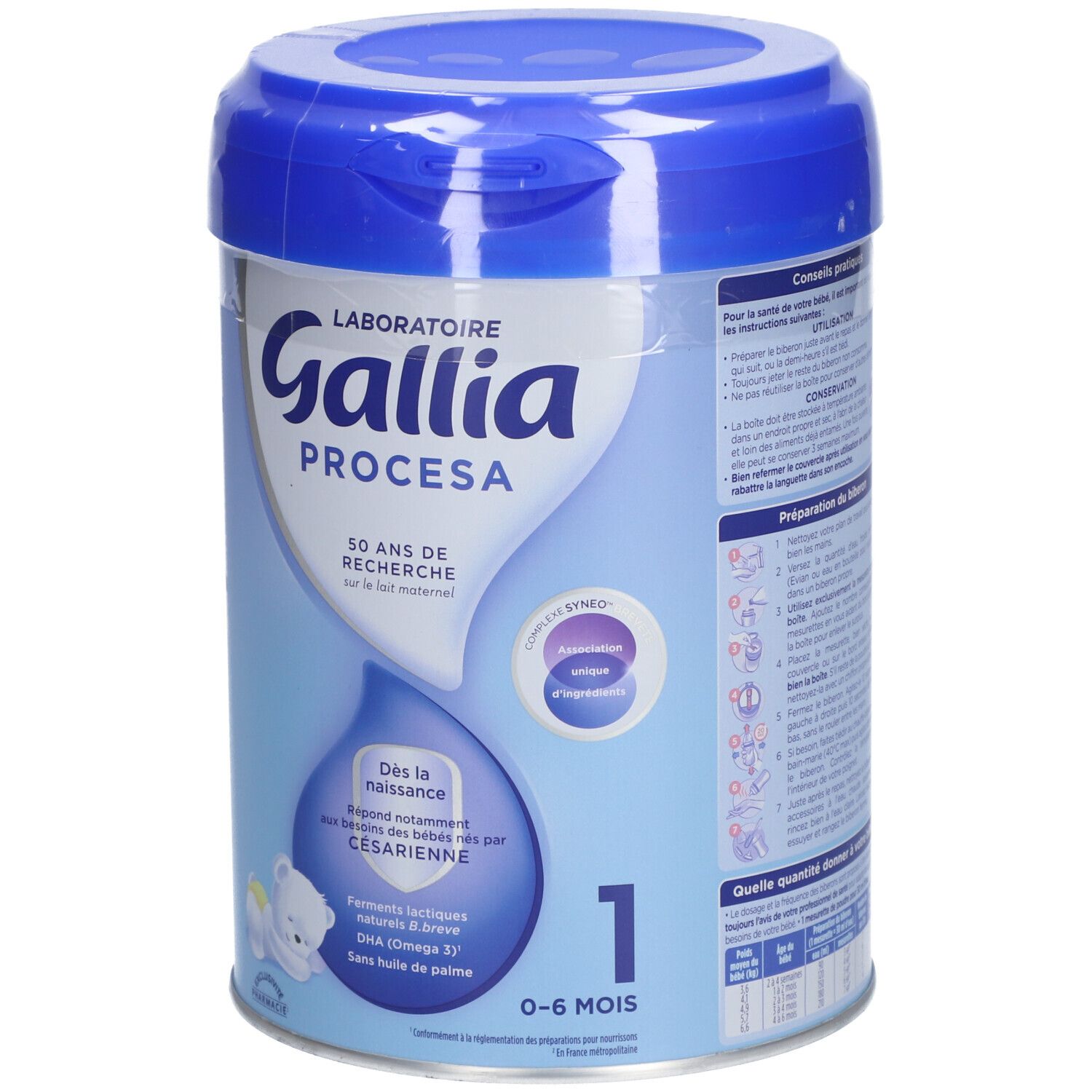 Boîte bleue claire avec couvercle bleu. Inscription: Gallia Procesa, 1, 0-6 mois. Contient DHA (Oméga 3).