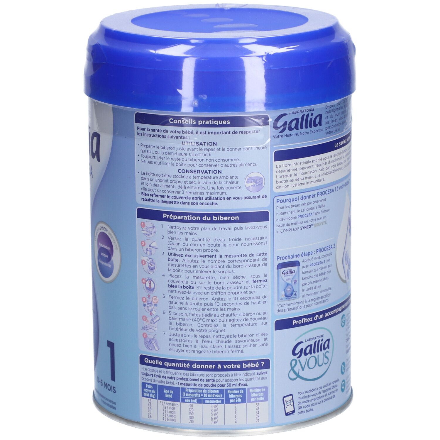 Dos d'une boîte bleu clair avec couvercle bleu. Contient instructions de préparation et dosage.