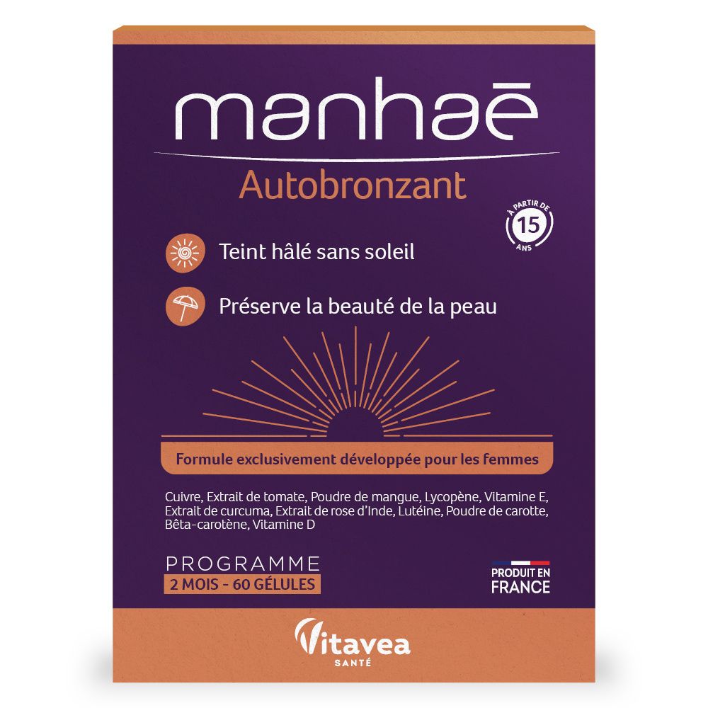 MANHAE Autobronzant. Boîte violette avec informations produit. Contient 60 gélules. Fabriqué en France.