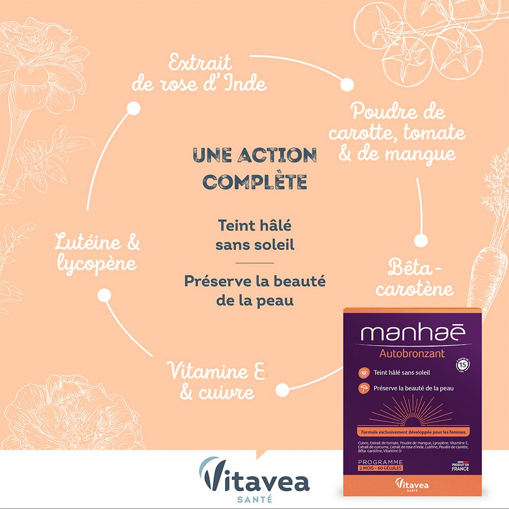 MANHAE Autobronzant. Emballage produit avec ingrédients. Contient carotte, tomate et mangue. Sans soleil.