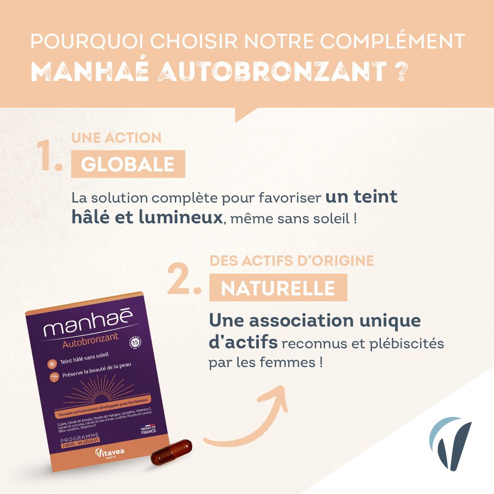 MANHAE Autobronzant. Emballage produit avec informations. Favorise un teint hâlé. Ingrédients naturels.