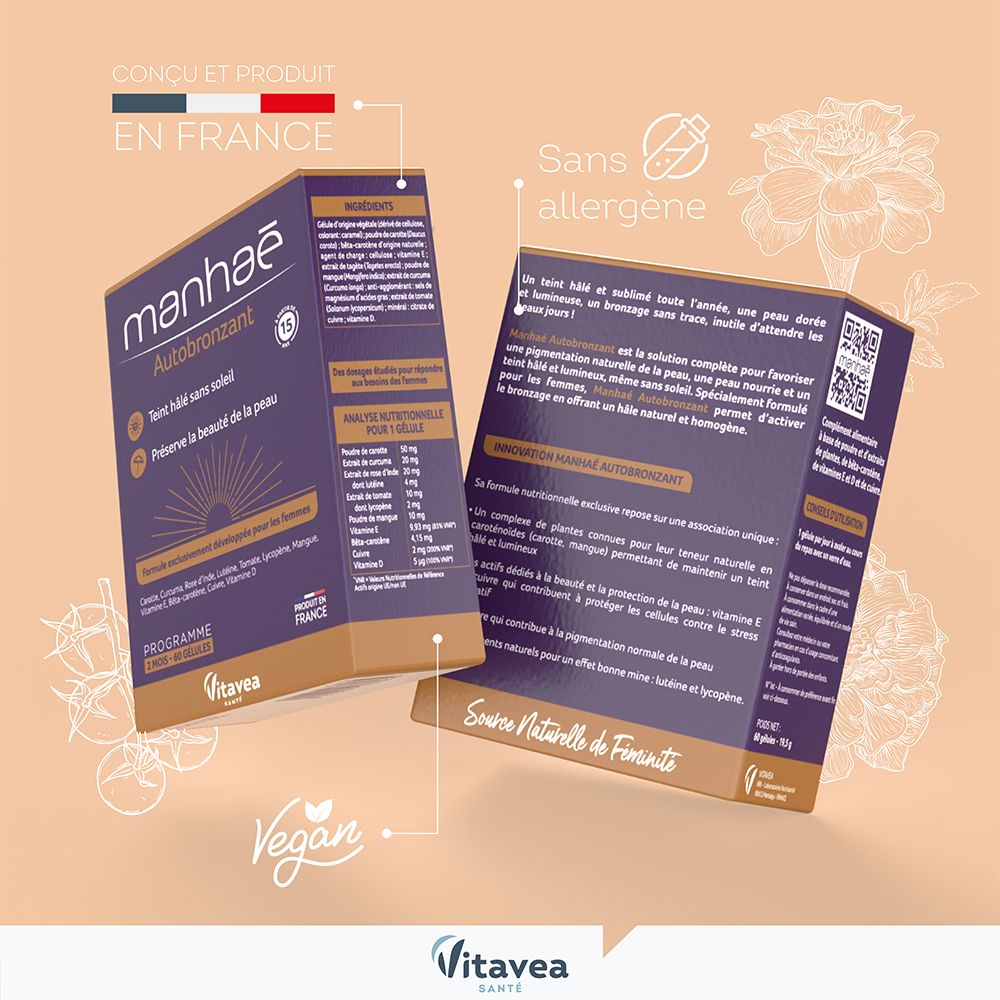 MANHAE Autobronzant. Deux emballages produit. Vegan. Fabriqué en France. Contient ingrédients et informations.
