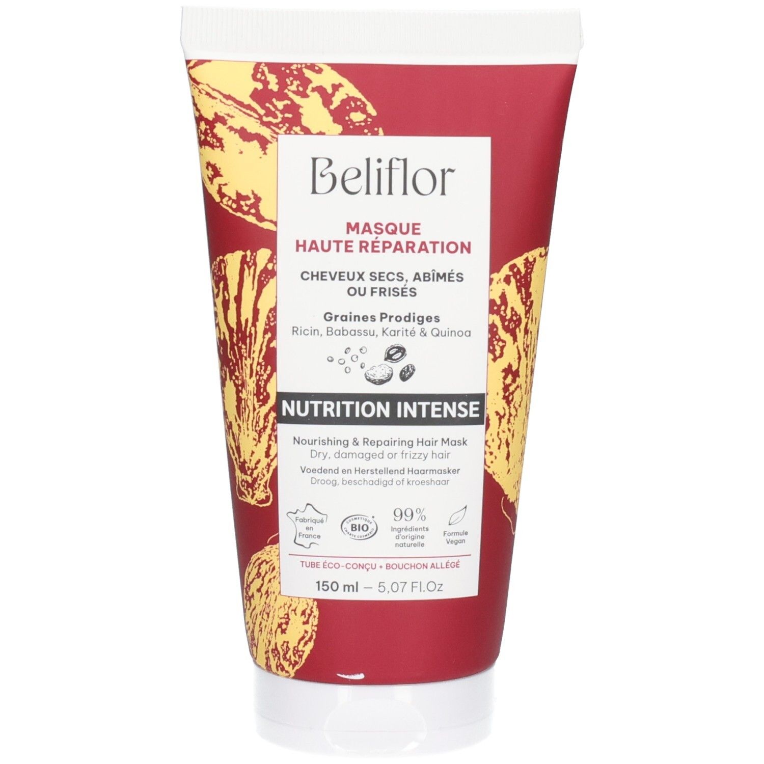 Beliflor Masque Haute Réparation, soin pour cheveux secs, abîmés ou frisés, enrichi en extraits de graines.