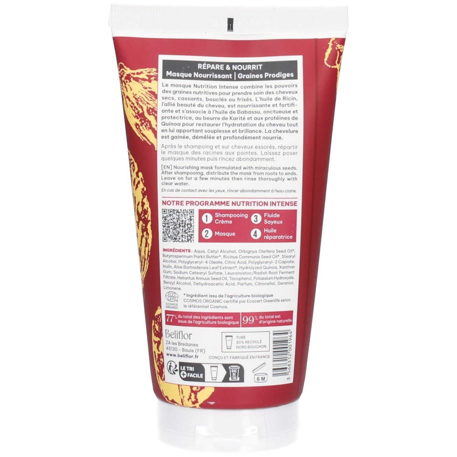 Dos du Beliflor Masque Haute Réparation, avec liste des ingrédients et instructions d'utilisation.