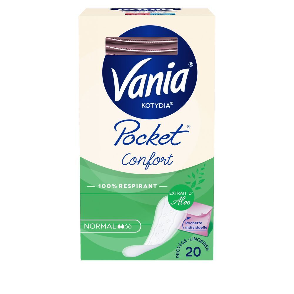 Boîte Vania KOTYDIA Pocket Confort, 20 protège-lingeries. Aloe Vera. Normal. 100% respirant.