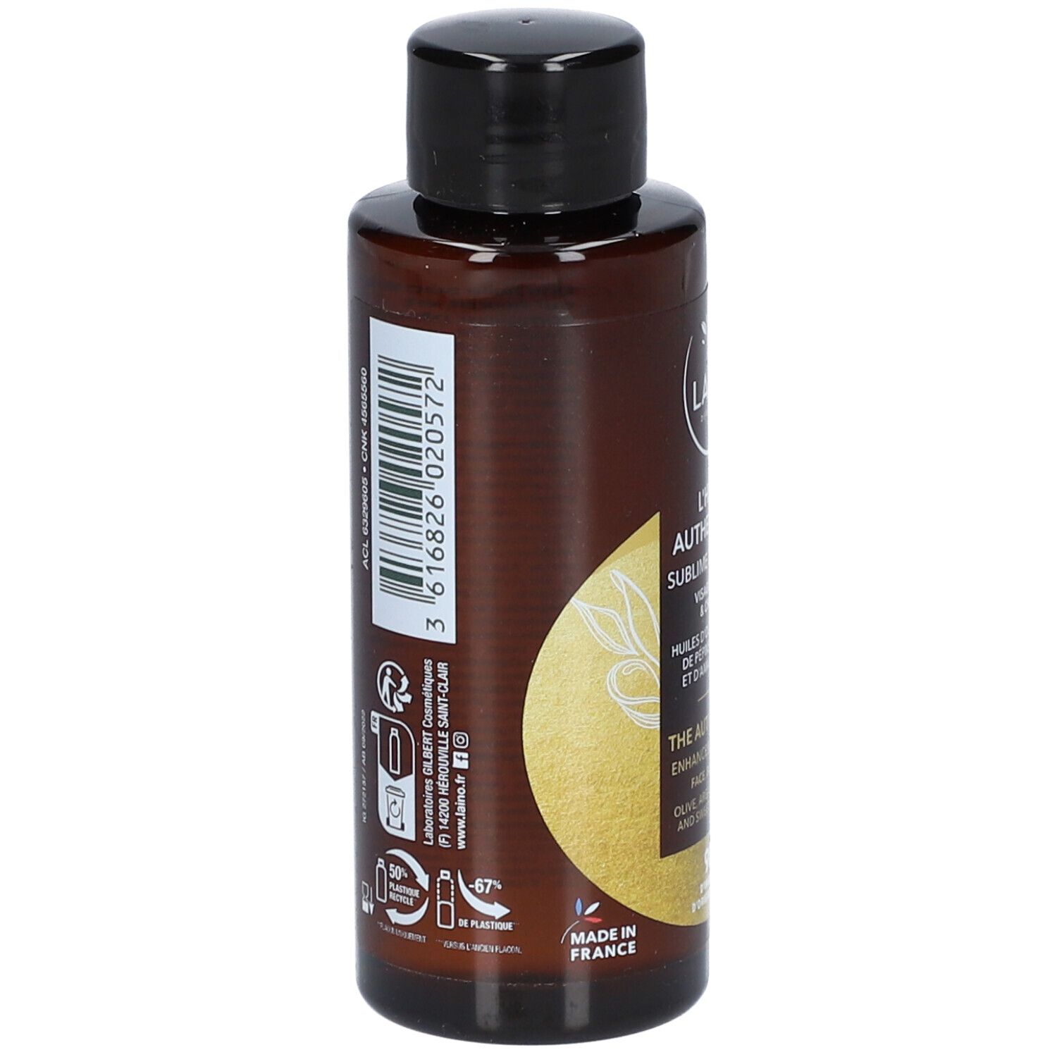 Dos d'un flacon marron avec bouchon noir. Contient informations et code-barres. Fabriqué en France. Symboles recyclables.