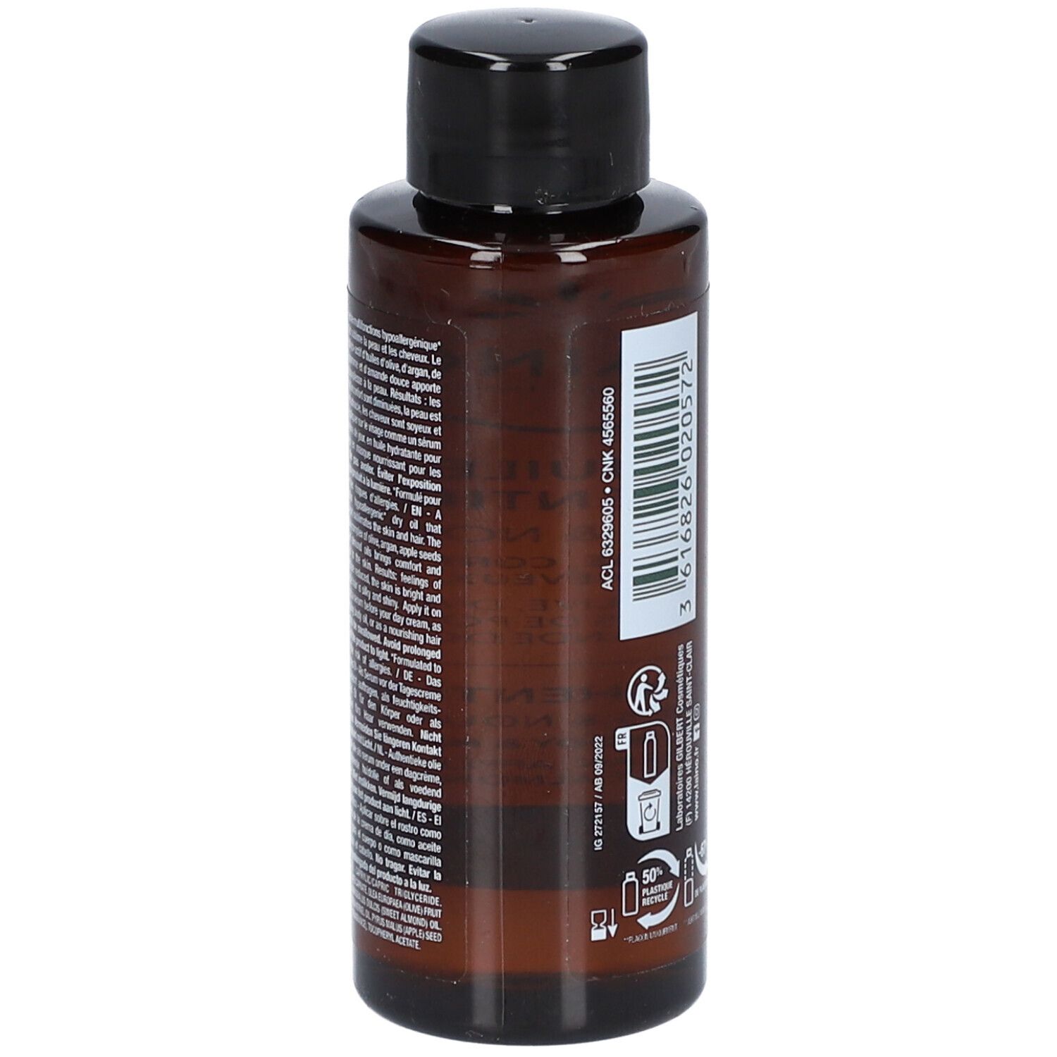 Dos d'un flacon marron avec bouchon noir. Texte en plusieurs langues. Contient des informations sur le produit.