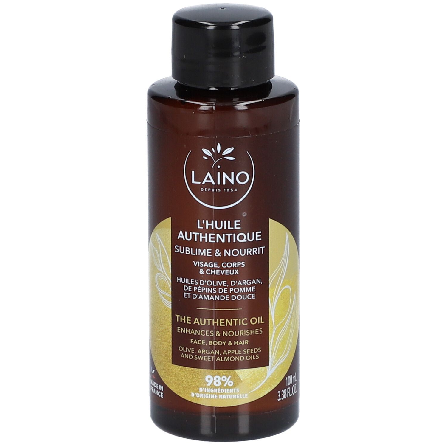 Flacon marron avec bouchon noir. Inscription: LAINO L'HUILE AUTHENTIQUE. Contient huiles d'olive, argan, pépins de pomme et amande douce. 100ml.