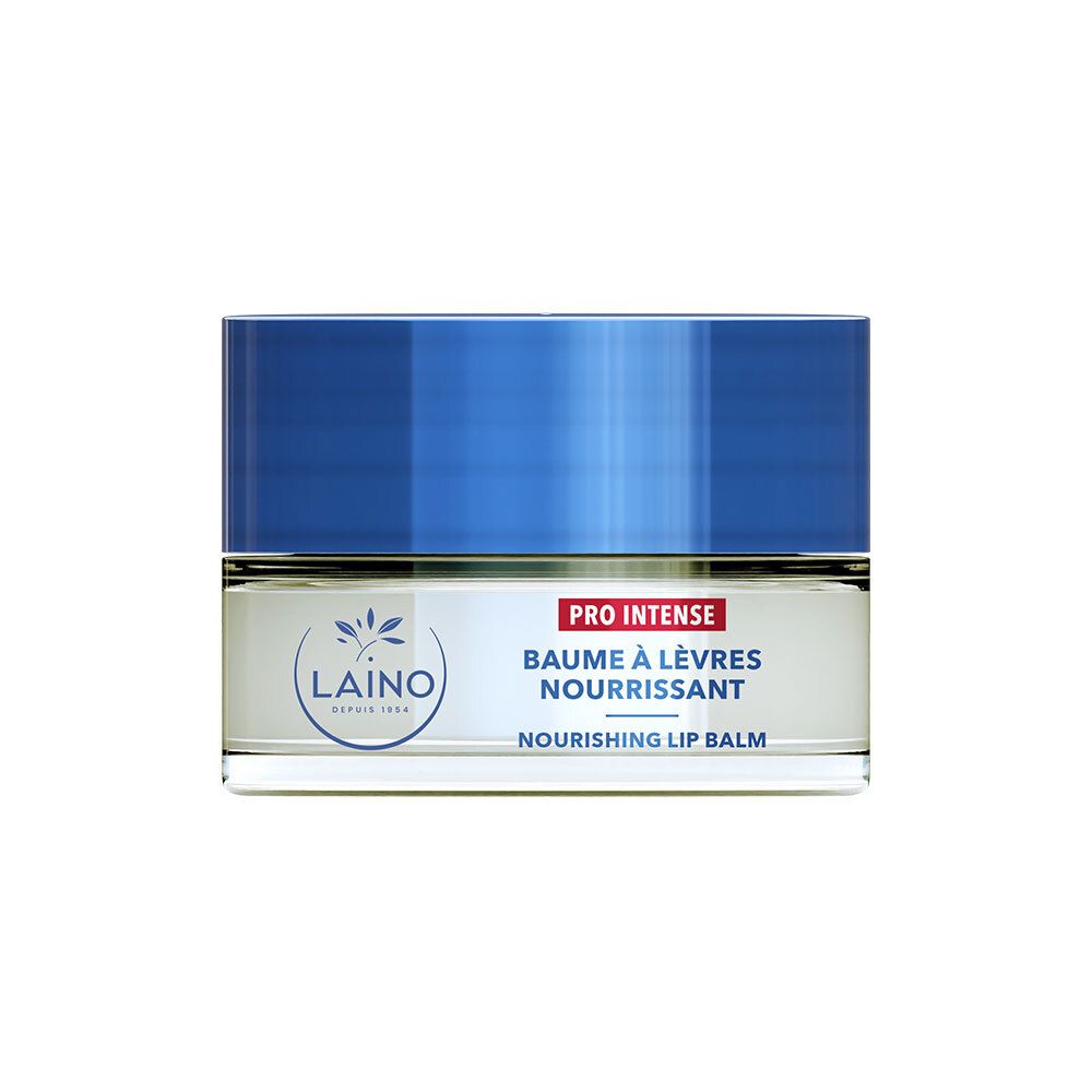 Pot de crème avec couvercle bleu. Inscription : PRO INTENSE, Baume à Lèvres Nourrissant, Nourishing Lip Balm. Marque : LAINO.