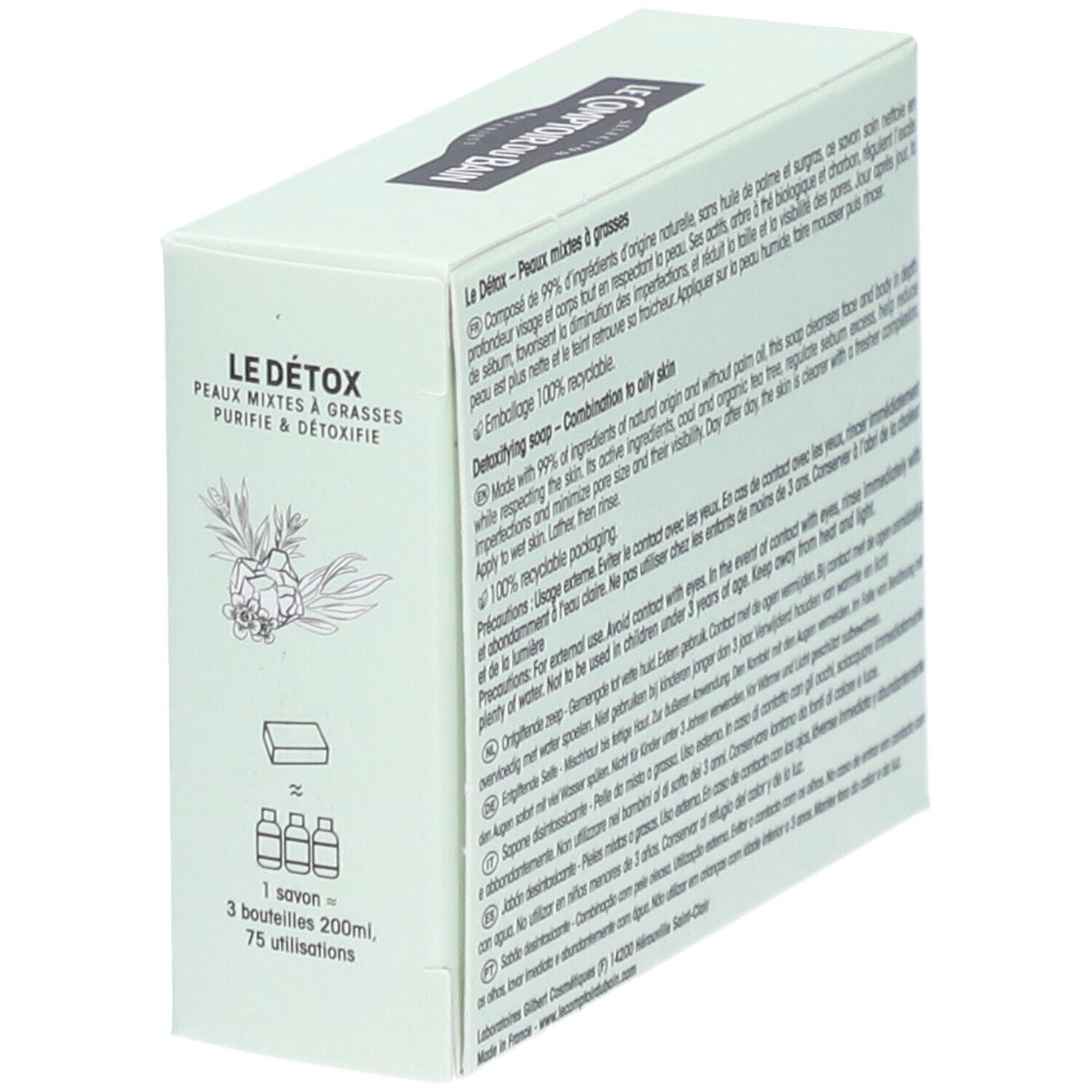 Boîte vert clair, vue latérale. Inscriptions: Le Détox, Peaux mixtes & grasses. Informations produit et date de péremption.