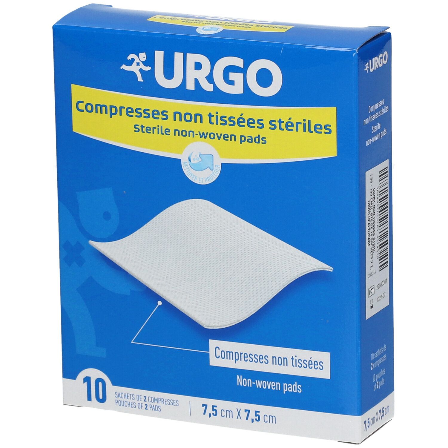 Boîte bleue URGO. Compresses non tissées stériles. Dimensions 7,5 cm x 7,5 cm. Contient 10 sachets de 2 compresses.