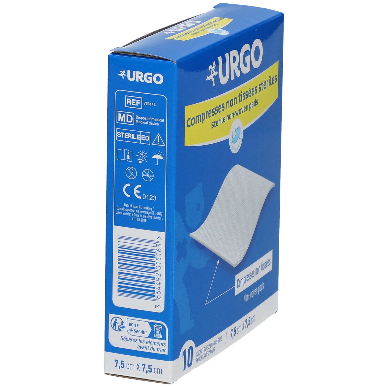 Boîte bleue URGO. Compresses non tissées stériles. Dimensions 7,5 cm x 7,5 cm. Vue latérale.