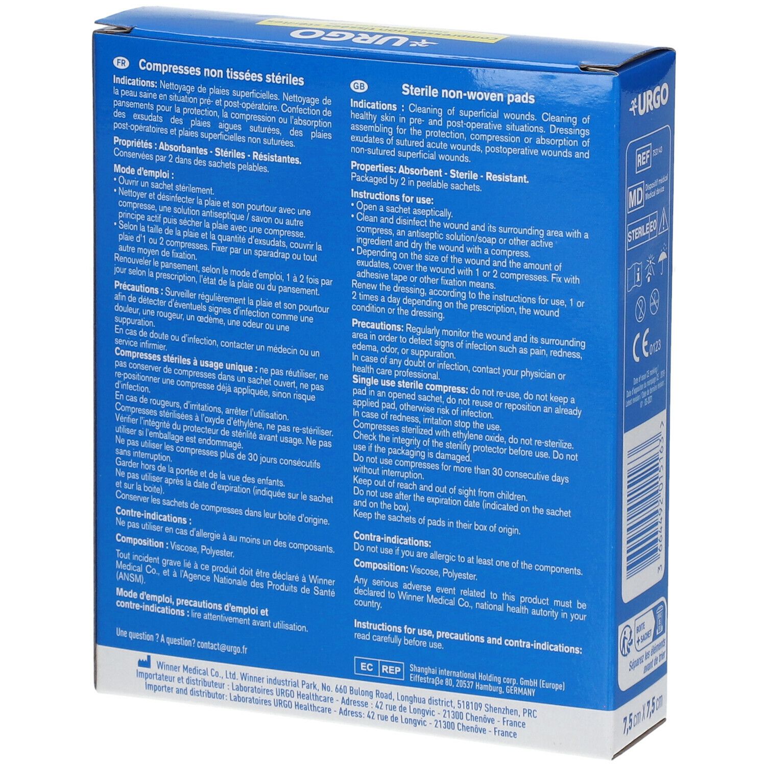 Boîte bleue URGO. Informations sur les compresses non tissées stériles. Vue arrière.