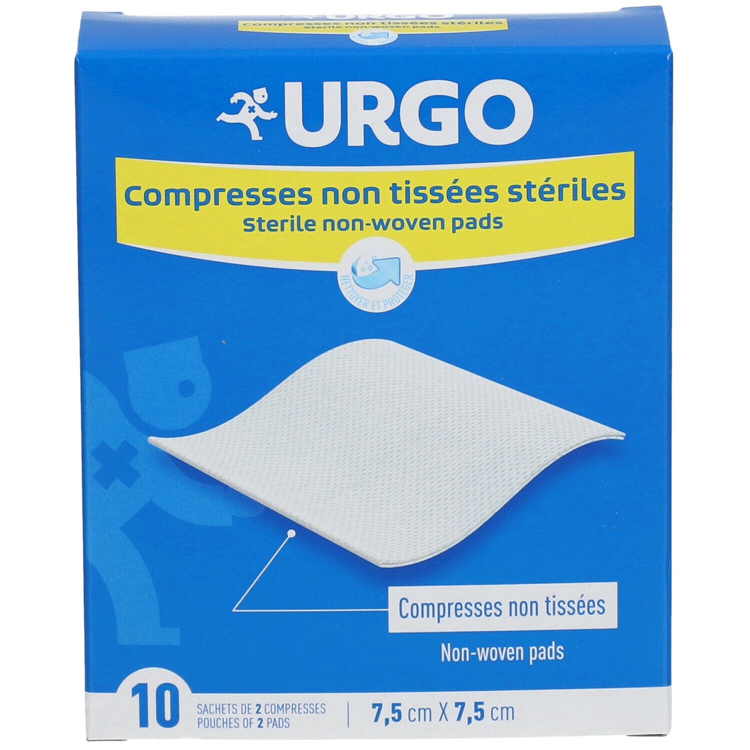 Boîte bleue URGO. Compresses non tissées stériles. Dimensions 7,5 cm x 7,5 cm. Contient 10 sachets de 2 compresses.