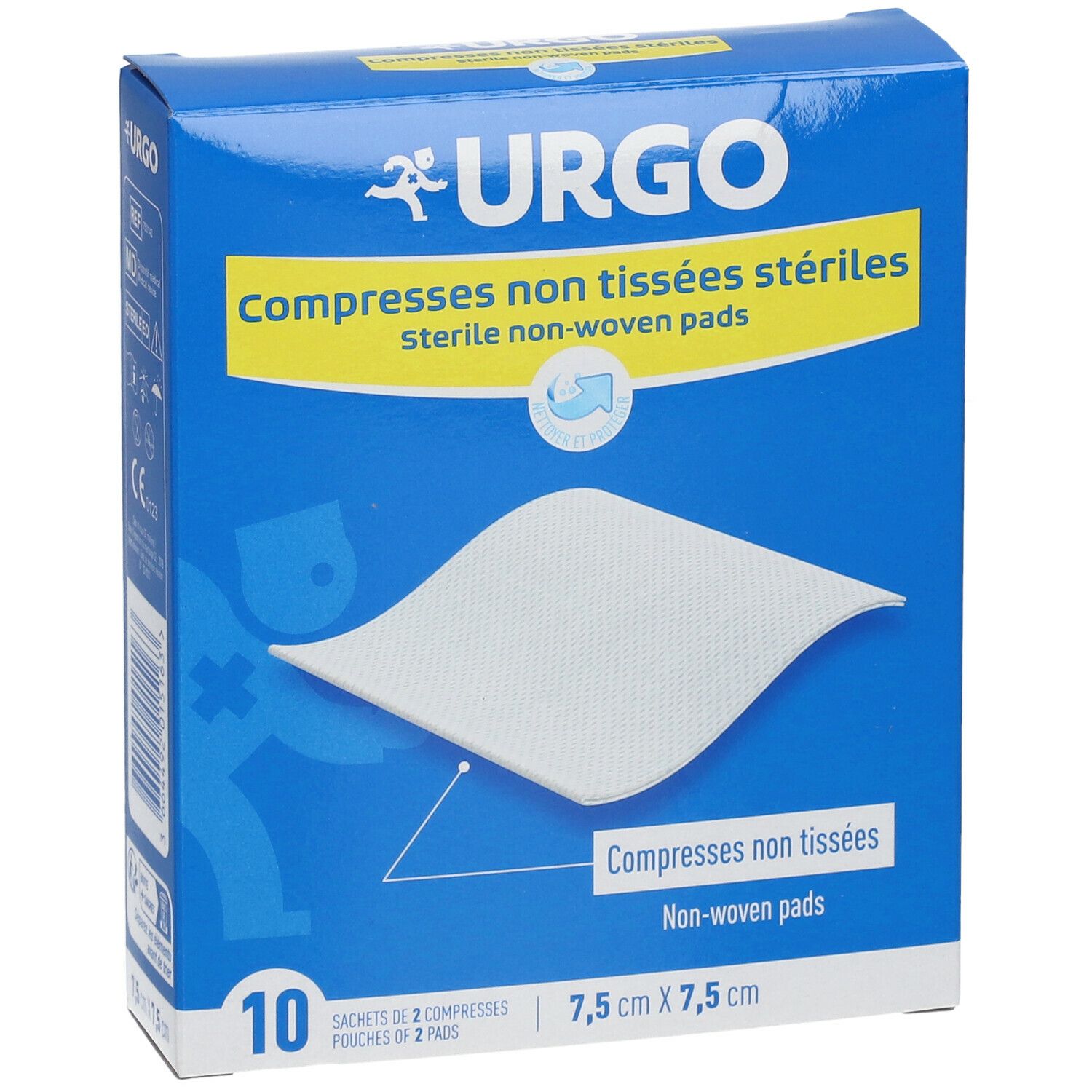 Boîte bleue URGO. Compresses non tissées stériles. Dimensions 7,5 cm x 7,5 cm. Contient 10 sachets de 2 compresses.