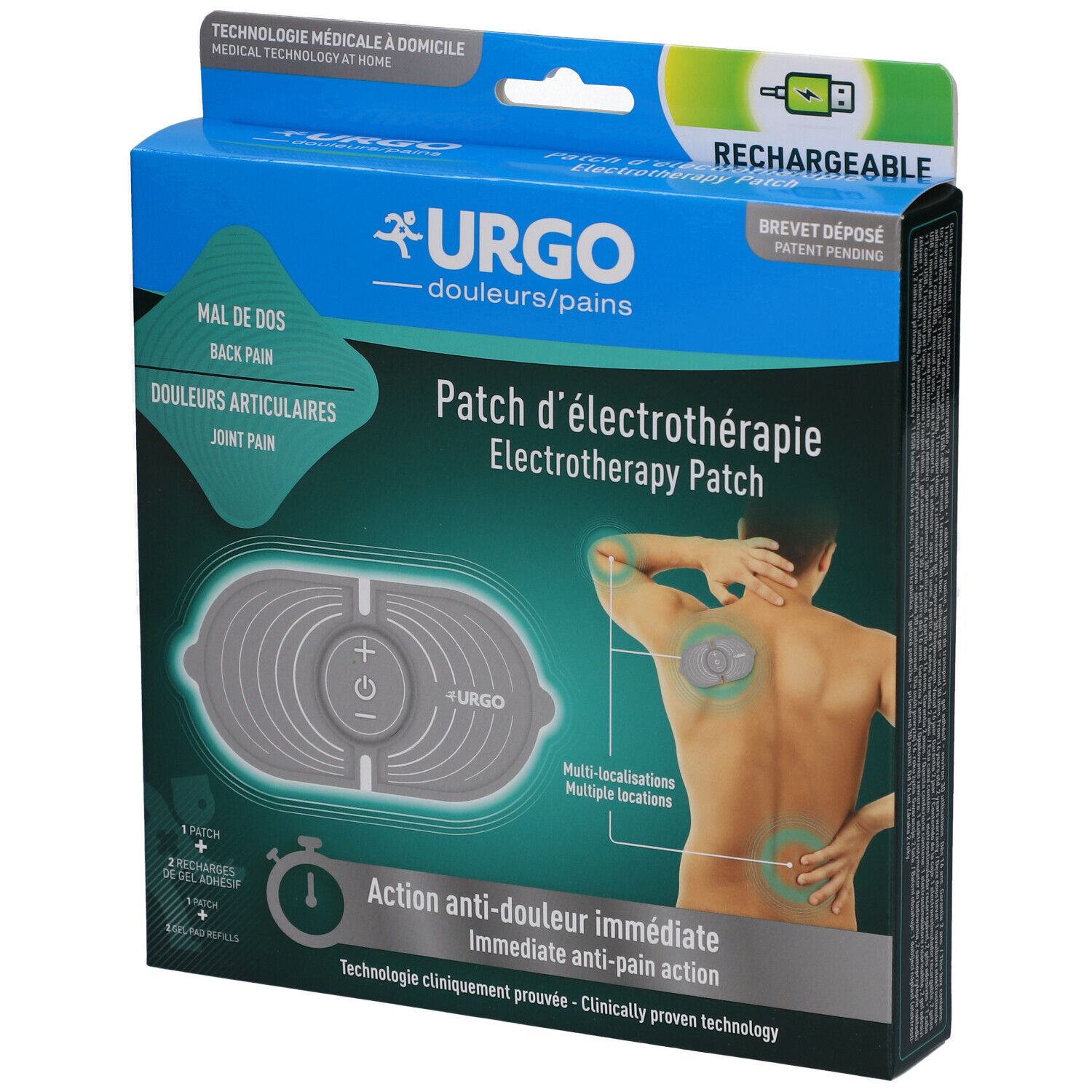 Boîte URGO Patch d'électrothérapie. Bleu et blanc, avec image du produit et texte. Rechargeable.