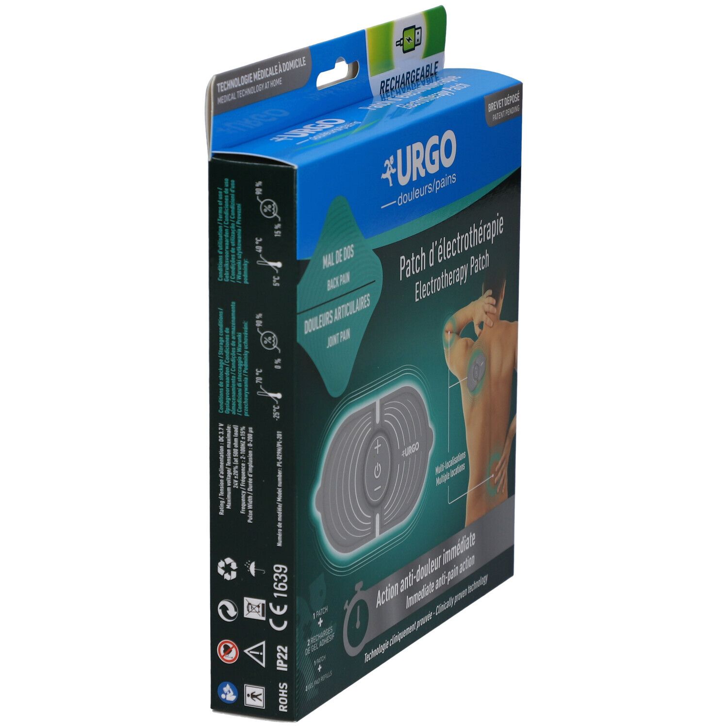 Vue latérale de la boîte URGO Patch d'électrothérapie. Boîte bleue avec informations et logos.