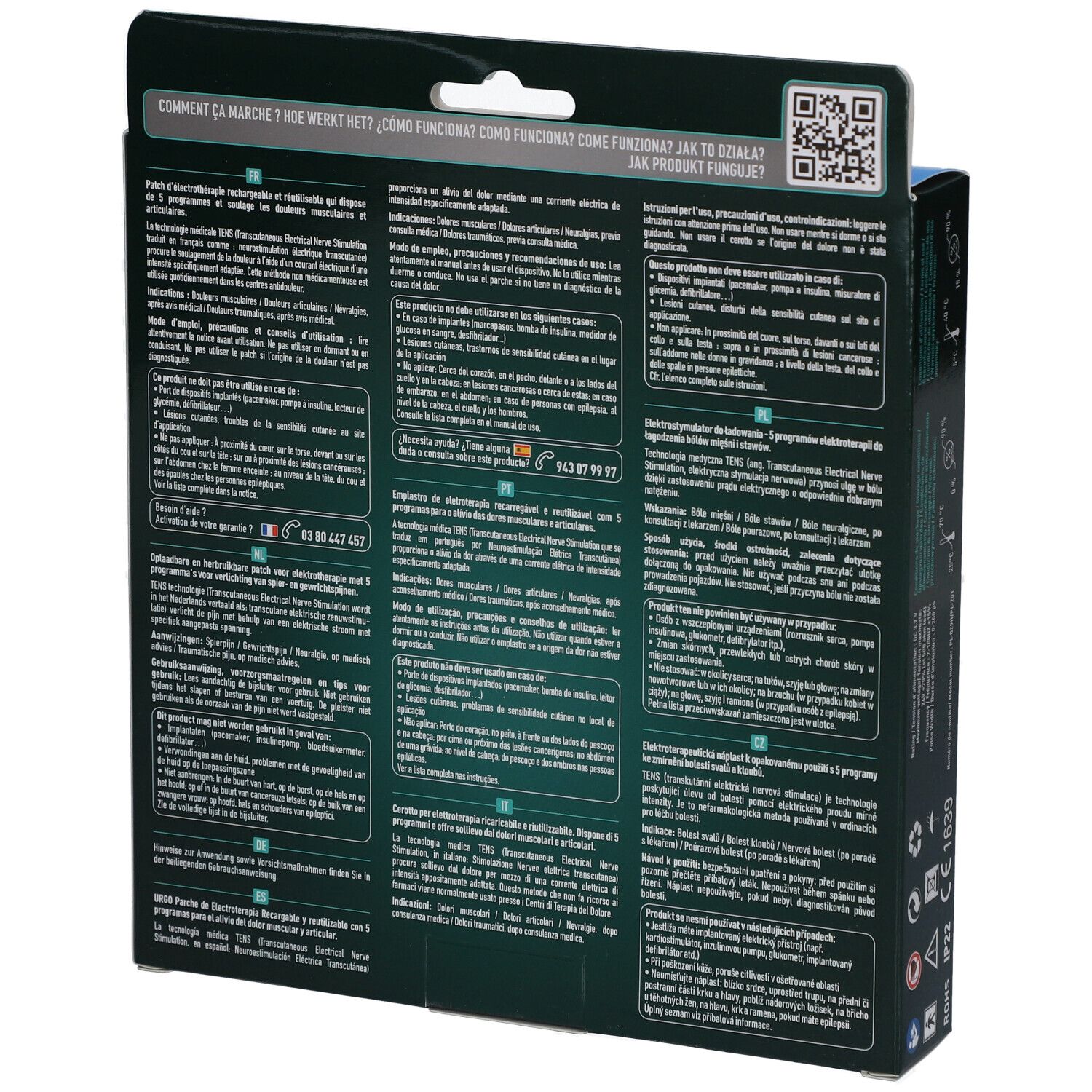 Dos de la boîte URGO Patch d'électrothérapie. Texte multilingue, code QR.