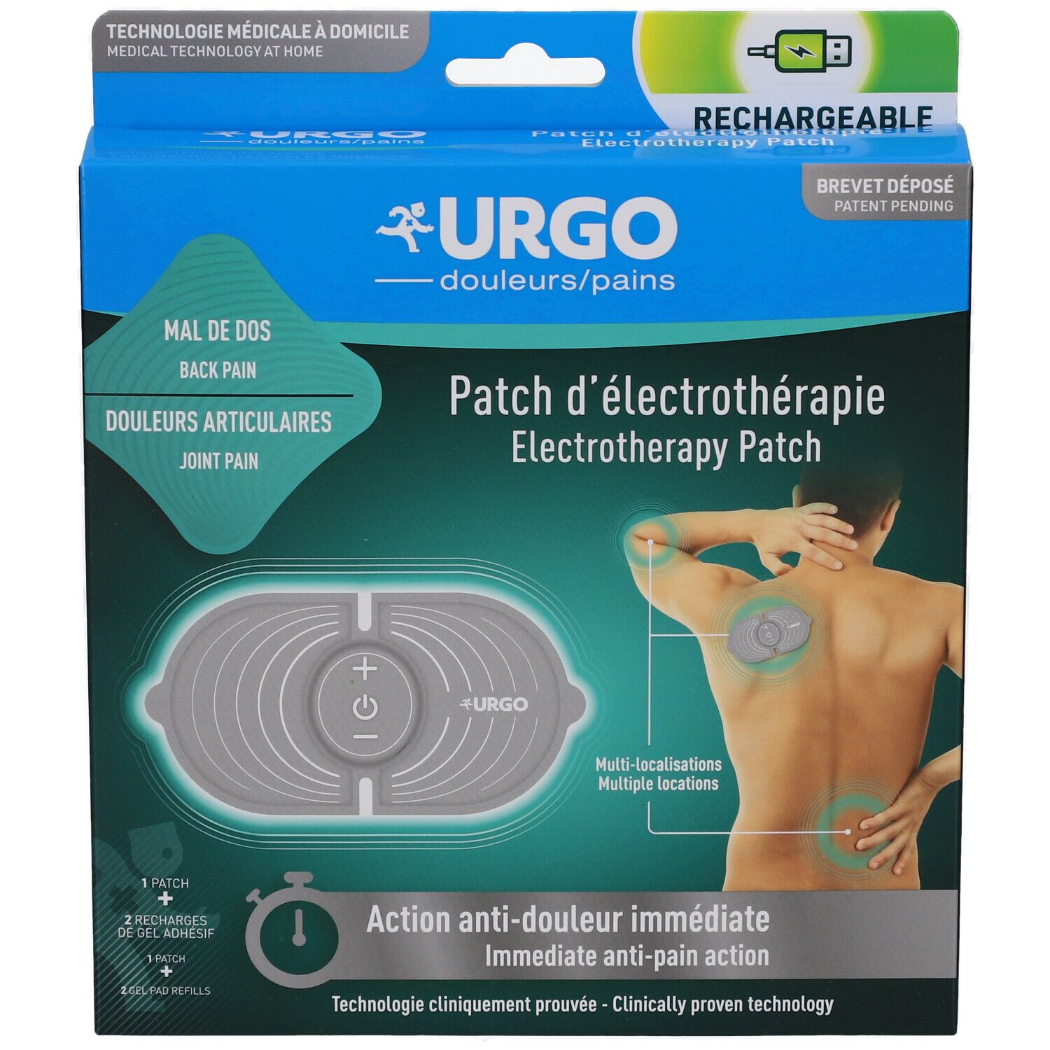 Boîte URGO Patch d'électrothérapie. Bleu, avec image du produit et texte. Rechargeable.
