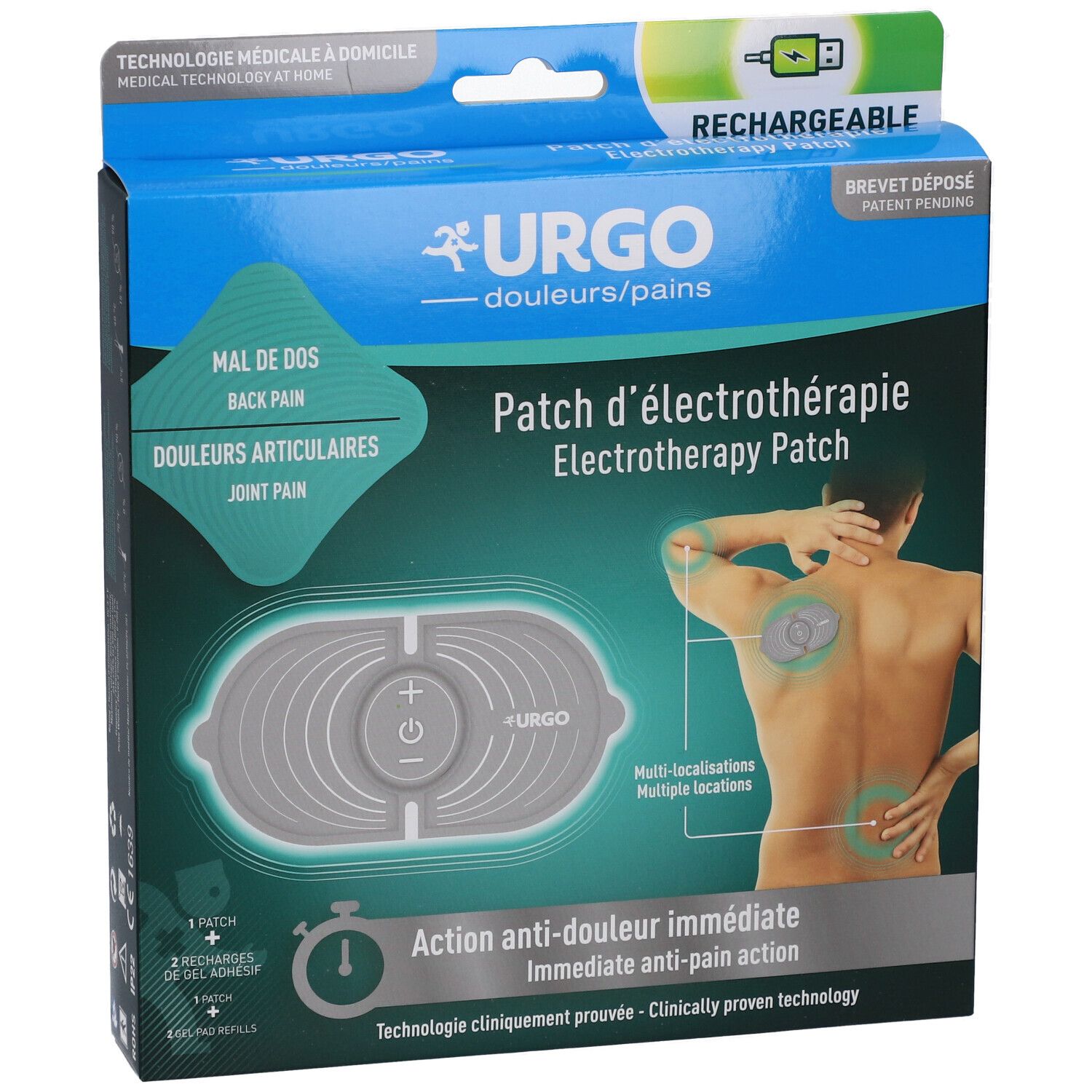 Boîte URGO Patch d'électrothérapie. Bleu, avec image du produit et texte. Rechargeable.