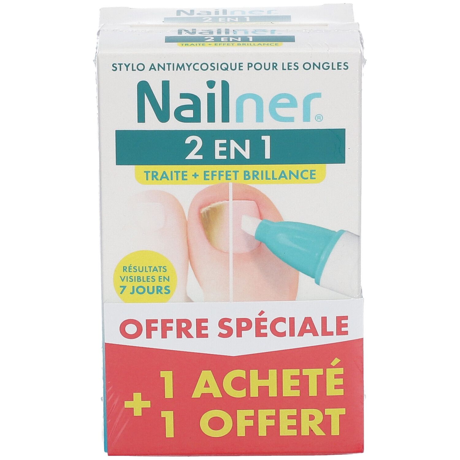 Emballage produit. Inscription: Nailner 2 en 1, stylo antimycosique pour les ongles. Offre spéciale: 1+1 gratuit.