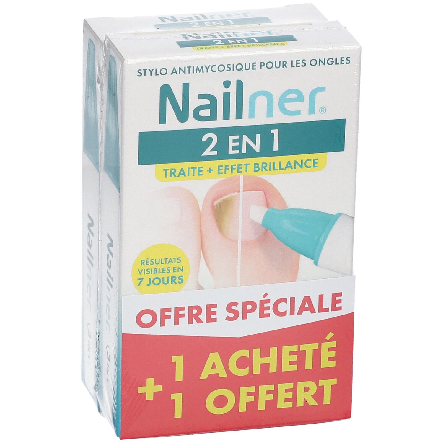 Deux emballages produit sous film. Inscription: Nailner 2 en 1. Offre spéciale: 1+1 gratuit.