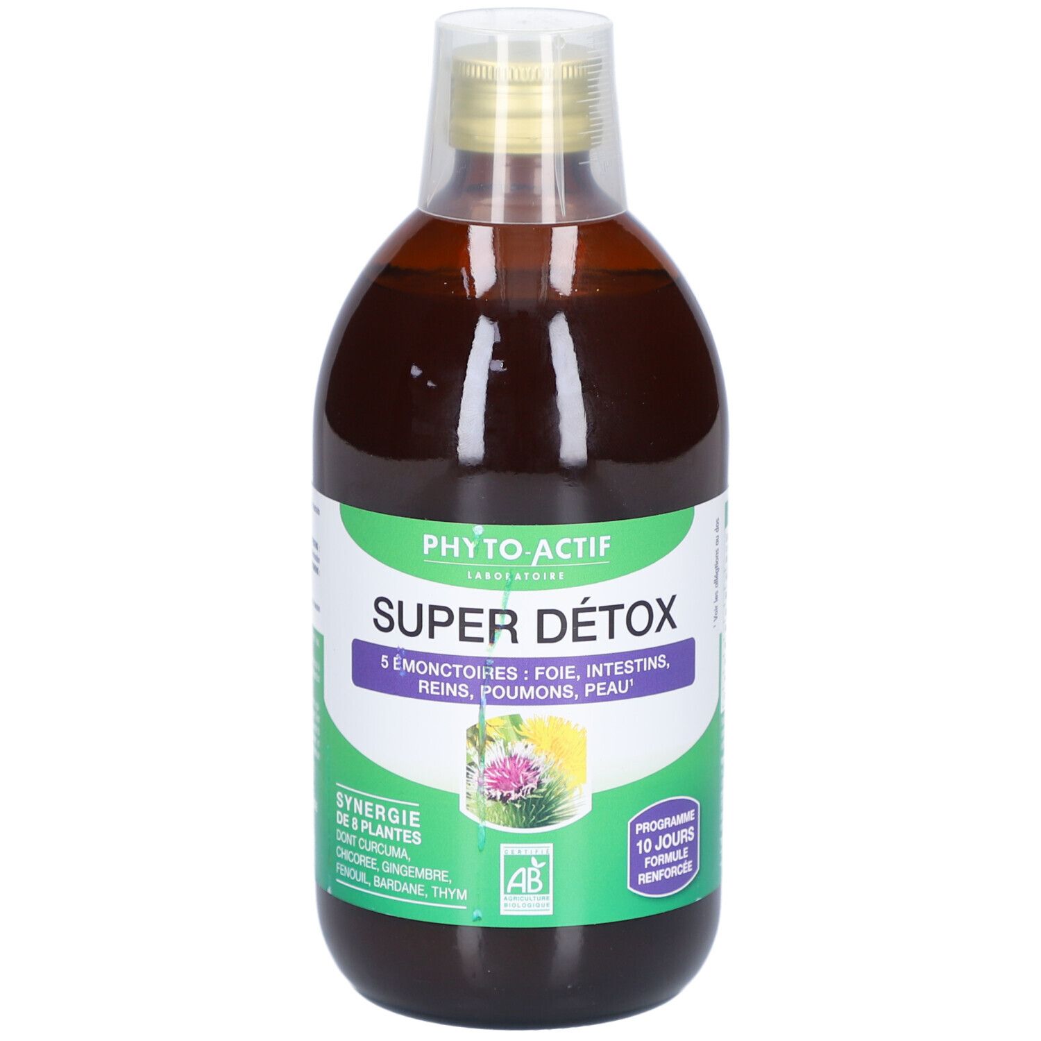 Bouteille de liquide brun. Inscription SUPER DÉTOX, 5 ÉMONCTOIRES. Label AB. Marque PHYTO ACTIF.