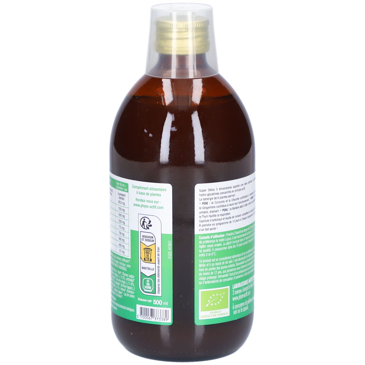 Vue arrière de la bouteille de liquide brun. Étiquette verte avec informations nutritionnelles et certification bio.