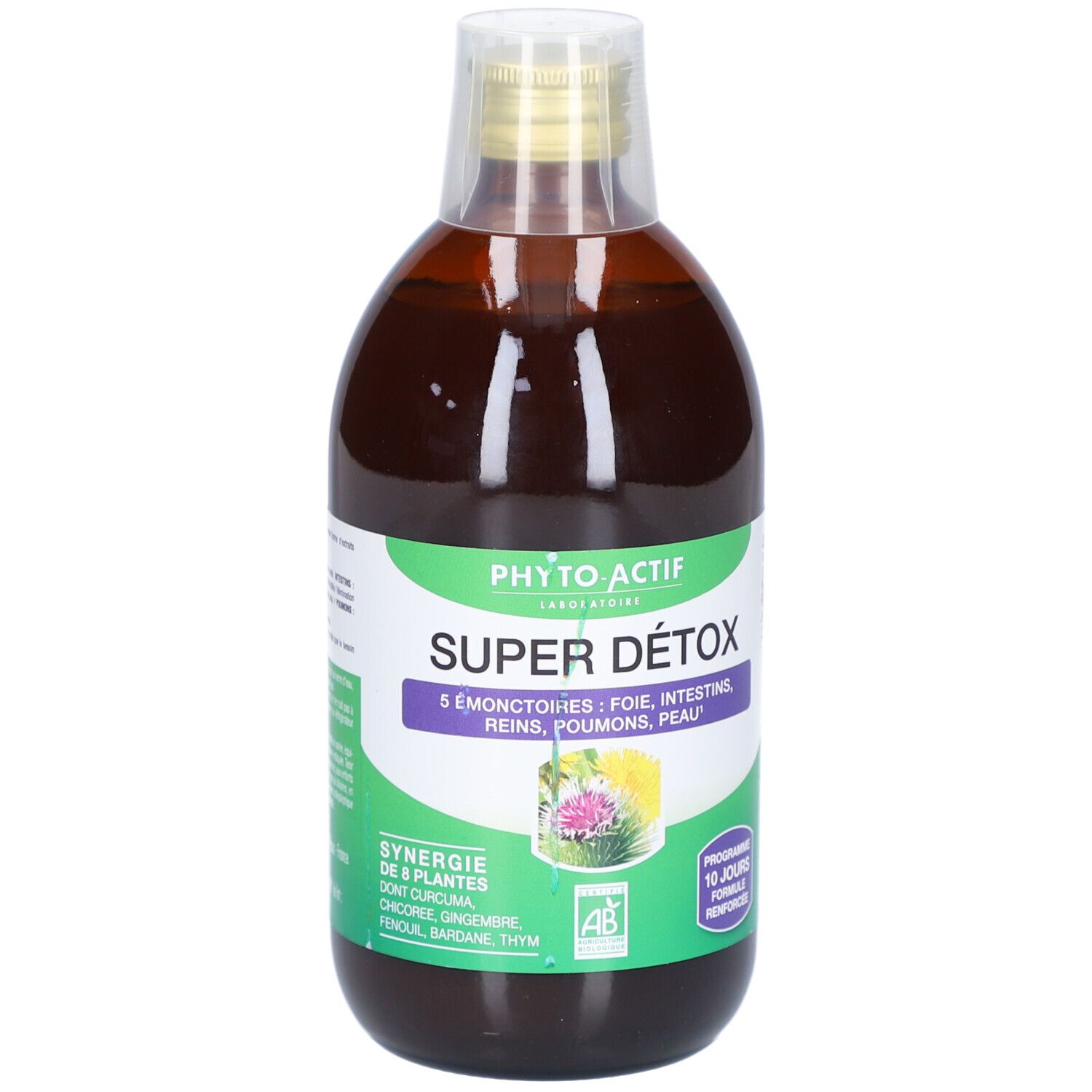 Bouteille de liquide brun avec étiquette verte. L'étiquette indique "PHYTO-ACTIF Super Détox".
