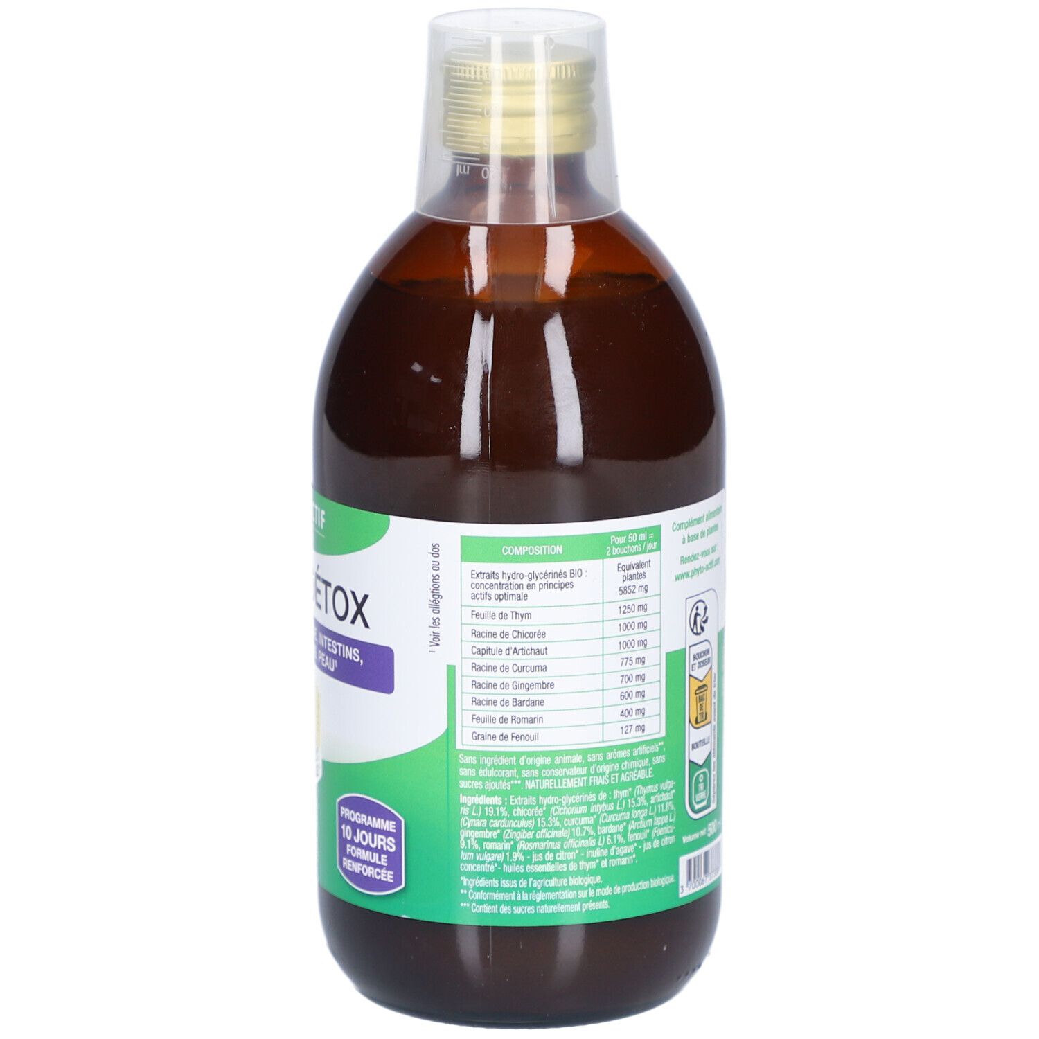 Vue arrière de la bouteille de liquide brun. Étiquette verte avec ingrédients et informations nutritionnelles.