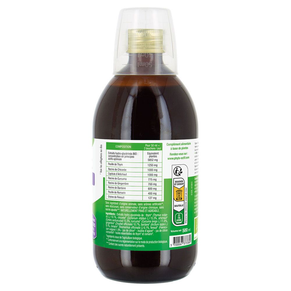 Dos de la bouteille. Liste des ingrédients et informations nutritionnelles. Texte en français. Label AB bio. Volume: 500 ml.