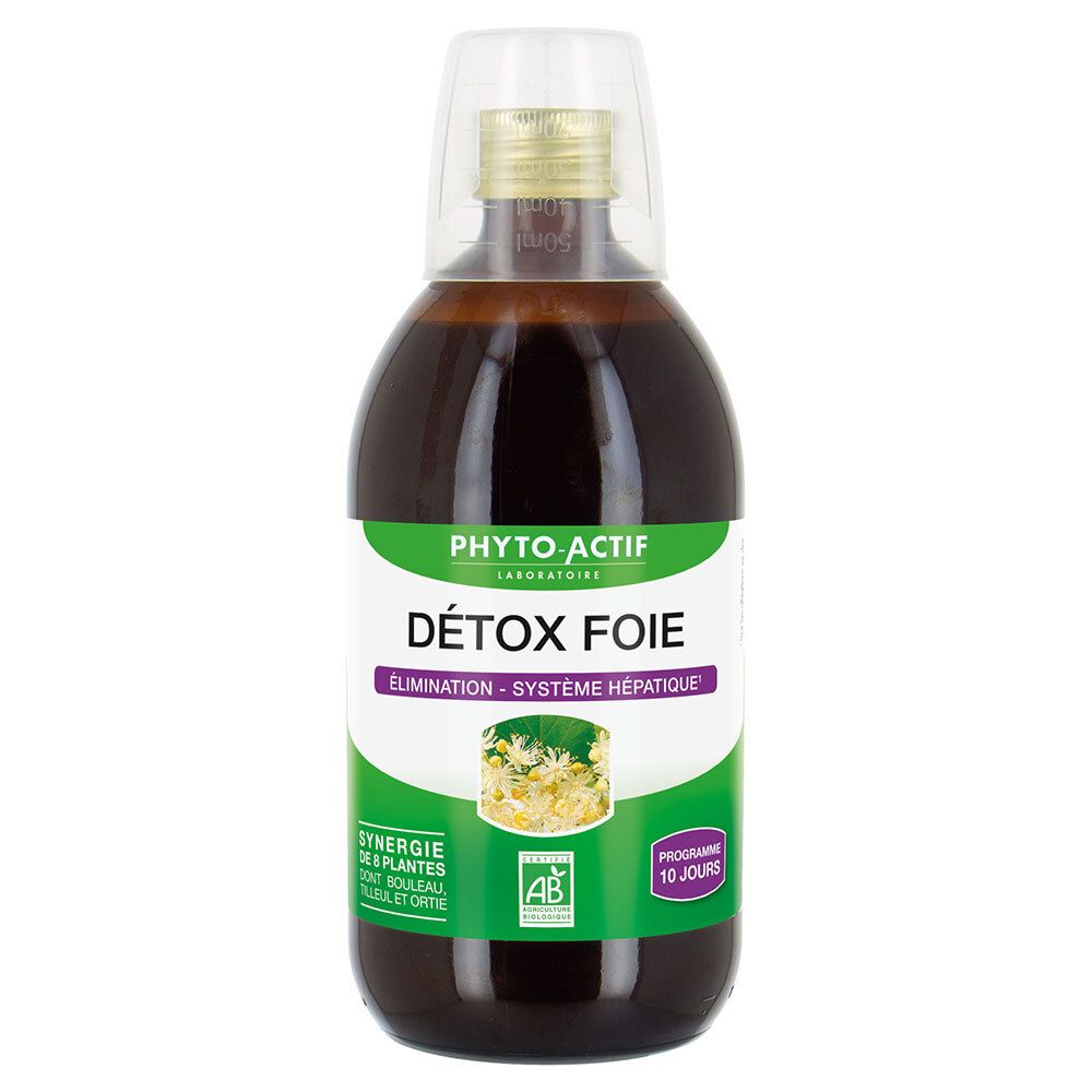 Bouteille de liquide brun avec étiquette blanche et verte. Inscription : PHYTO-ACTIF, DÉTOX FOIE, 10 jours.