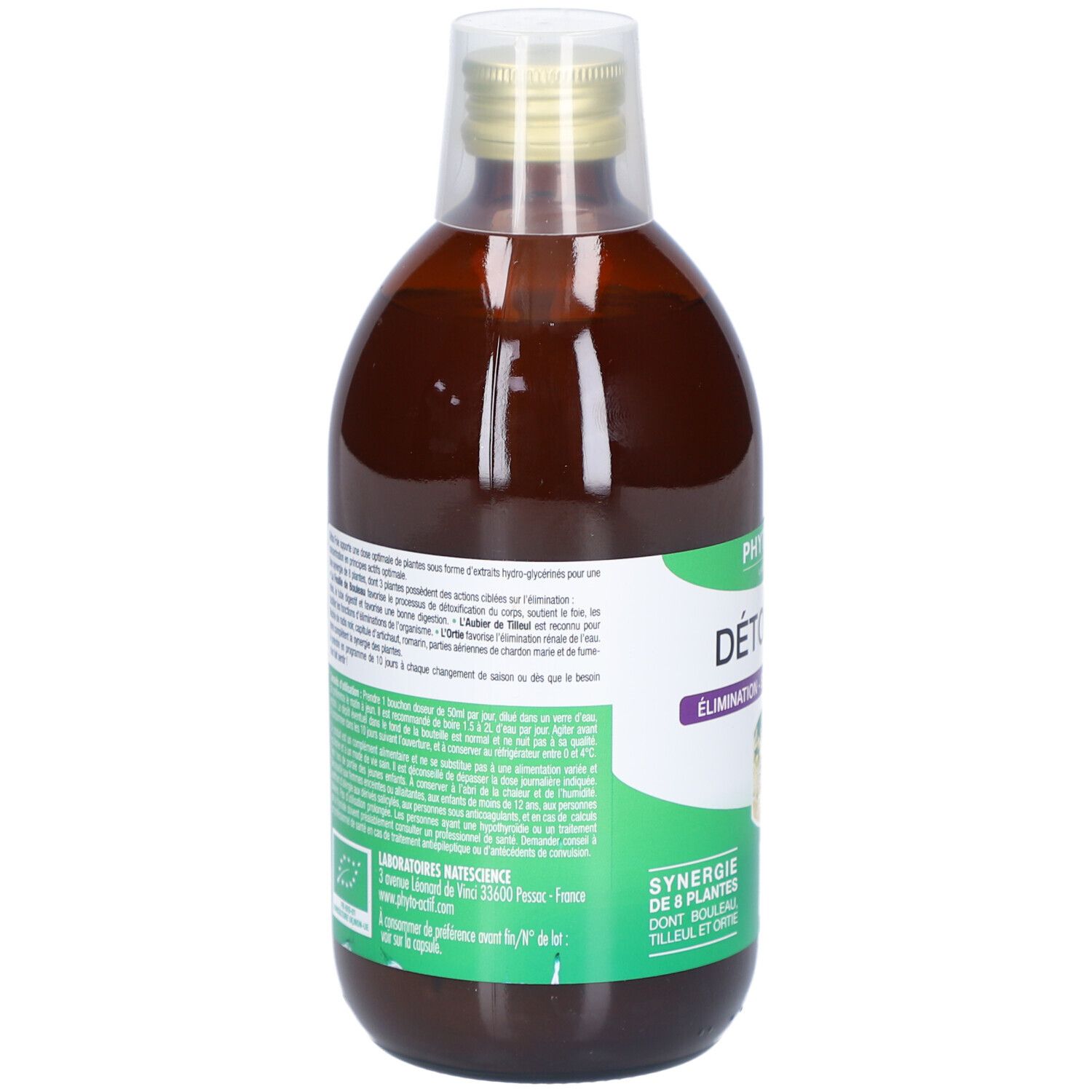 Dos de la bouteille avec texte. Étiquette "PHYTO-ACTIF Détox Foie", texte et logo AB. Liquide brun visible.