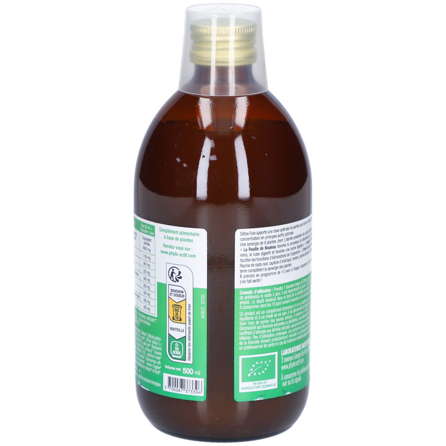 Dos de la bouteille avec texte et informations. Étiquette "PHYTO-ACTIF Détox Foie" et logo AB. Contenance 500 ml.