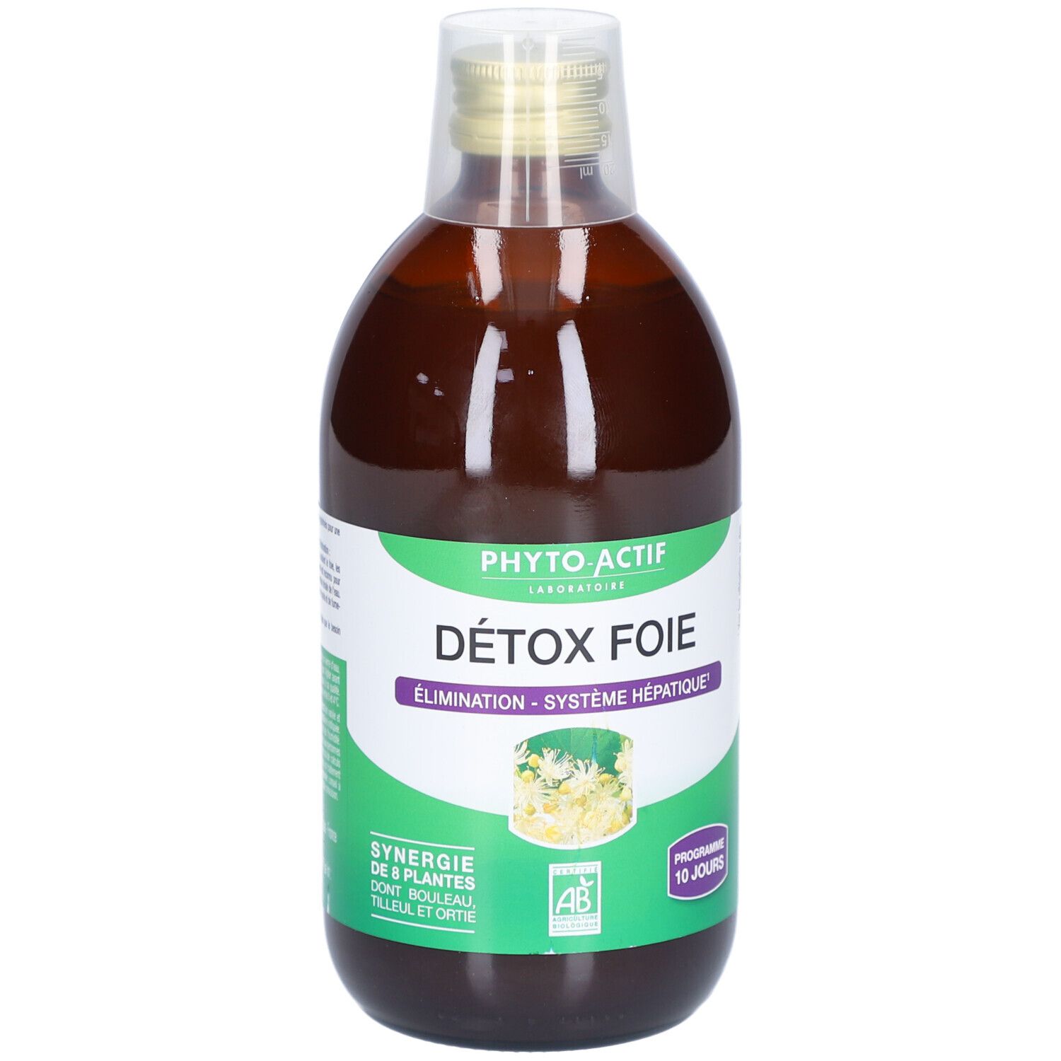 Bouteille de liquide brun. Étiquette "PHYTO-ACTIF Détox Foie", "Élimination - Système hépatique" et logo AB. Bouchon doré.