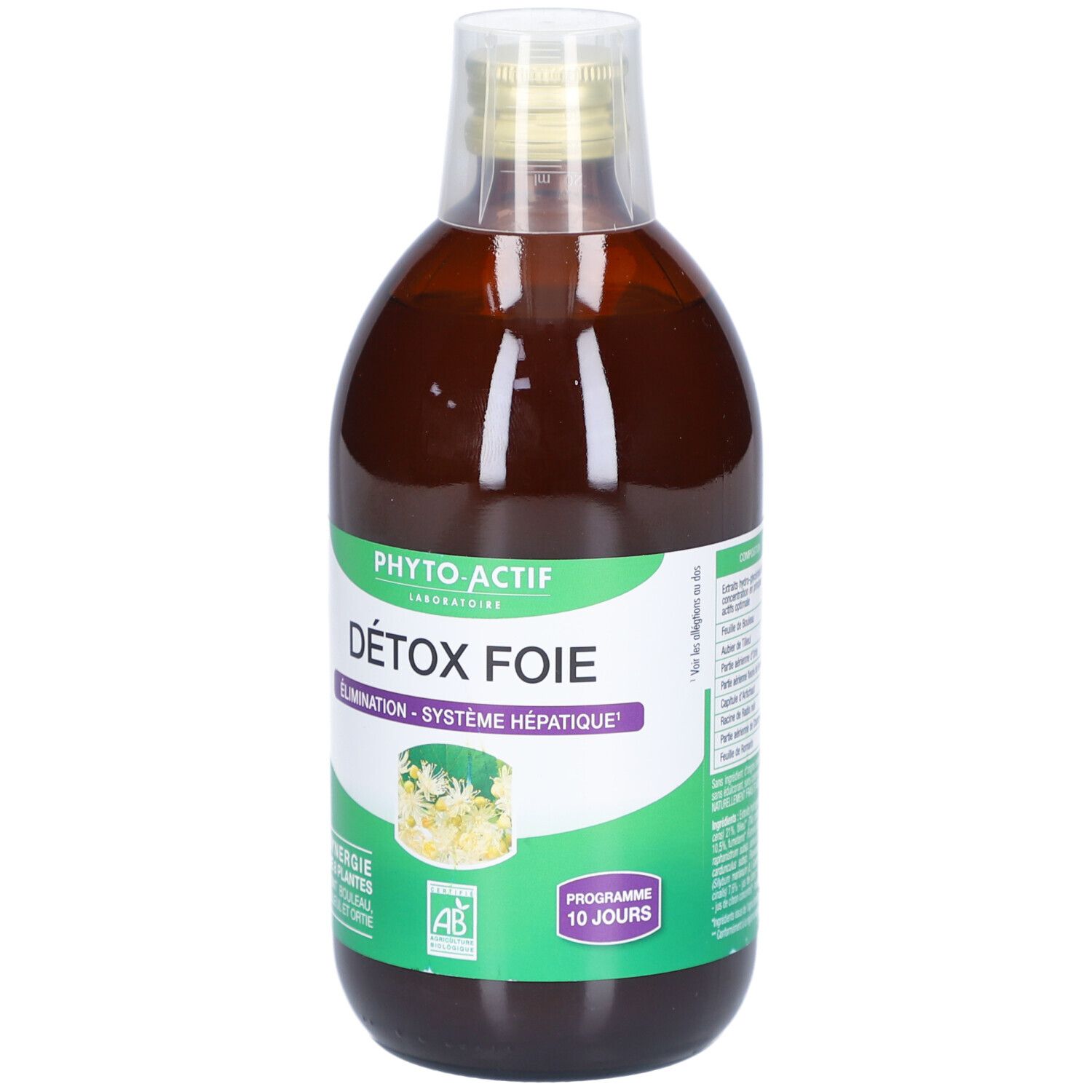 Bouteille de liquide brun. Inscription: PHYTO-ACTIF, DÉTOX FOIE, Elimination - Système hépatique. Logo AB.