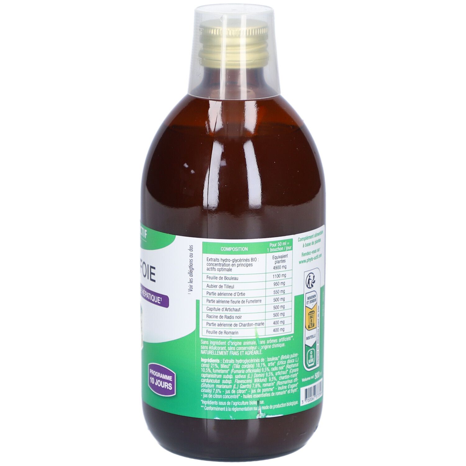 Dos de la bouteille avec texte et informations nutritionnelles. Inscription: PHYTO-ACTIF, DÉTOX FOIE. Logo AB et ingrédients.