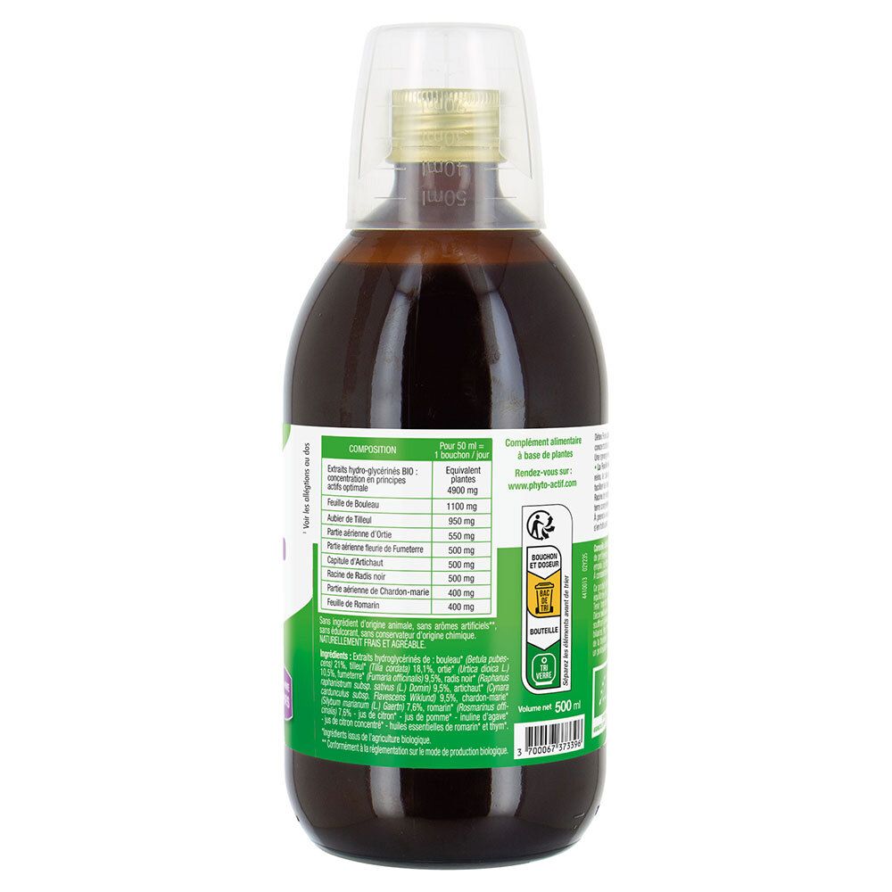 Dos de la bouteille avec informations sur les ingrédients. Contient des extraits de plantes. Étiquettes vertes et blanches. Volume : 500 ml.