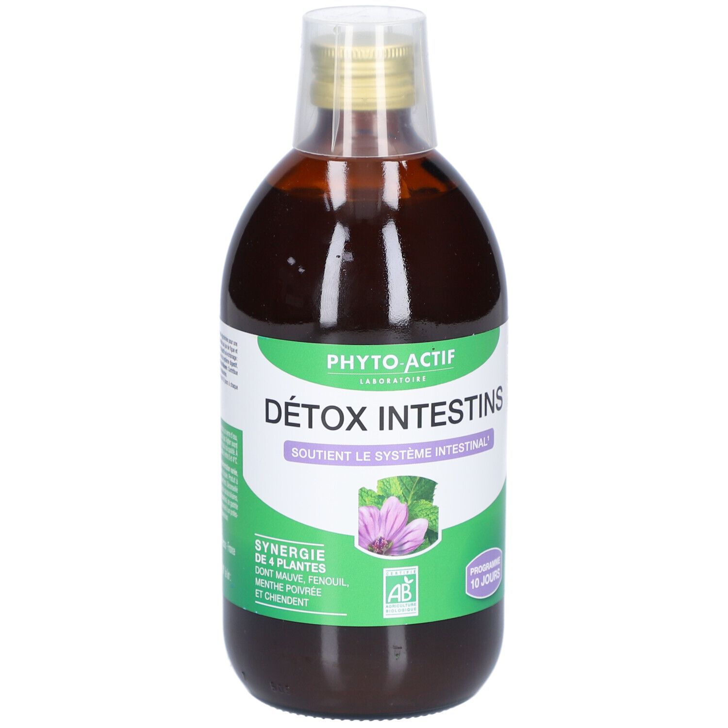 Bouteille de liquide brun avec étiquette verte et blanche. Texte: DÉTOX INTESTINS, PHYTO ACTIF. Label bio.