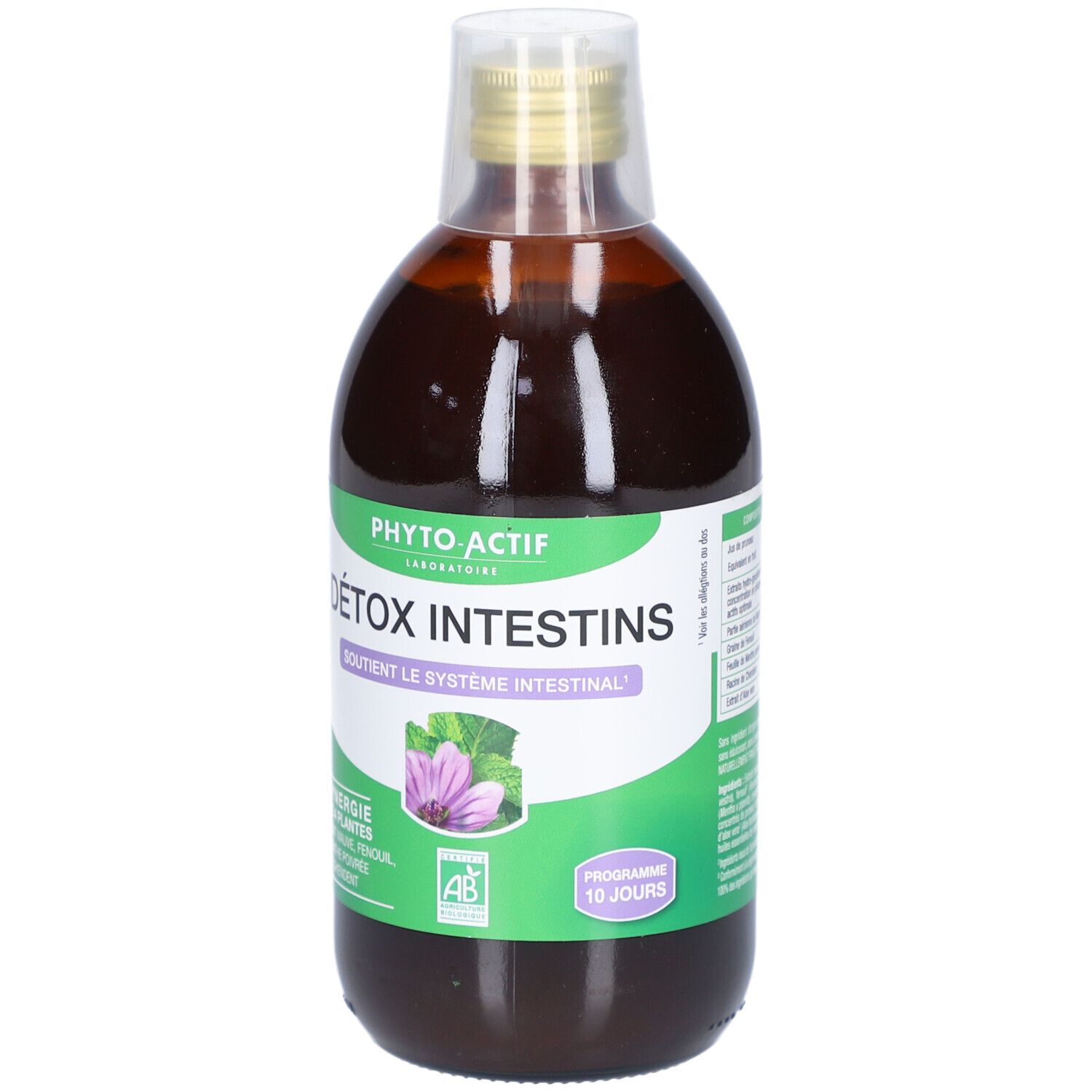 Bouteille de liquide brun avec étiquette verte et blanche. Texte: DÉTOX INTESTINS, PHYTO ACTIF. Label bio. Programme 10 jours.