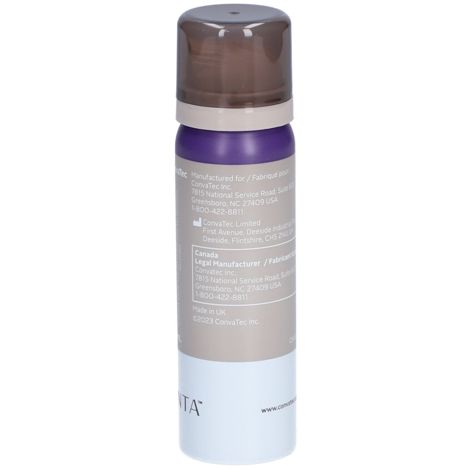 Spray ESENTA. Dos de la bouteille. Informations fabricant. Adresse : Convatec Inc. Greensboro, NC, États-Unis.