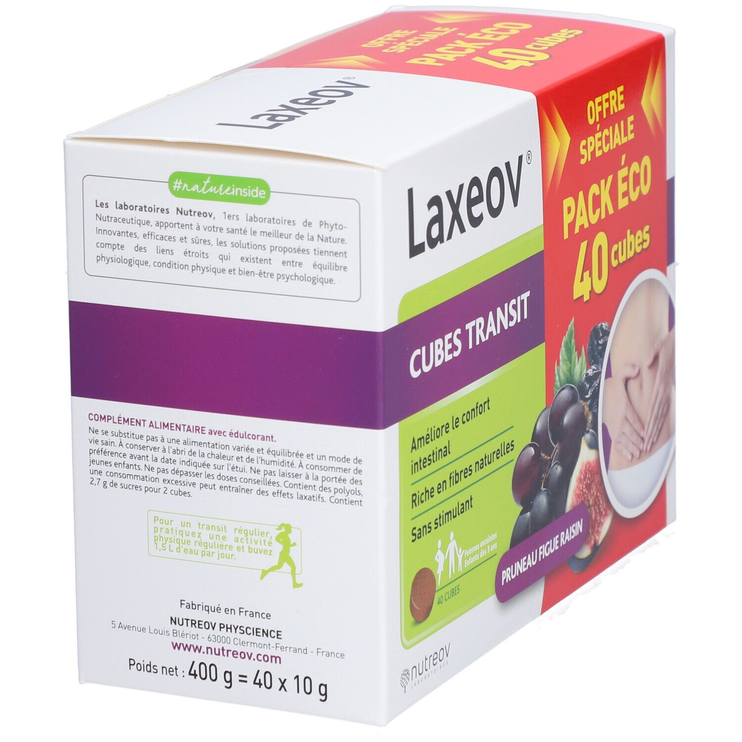 Boîte LAXEOV CUBES TRANSIT. Inscription "PACK ECO 40 cubes". Illustration de prunes, figues et raisins.