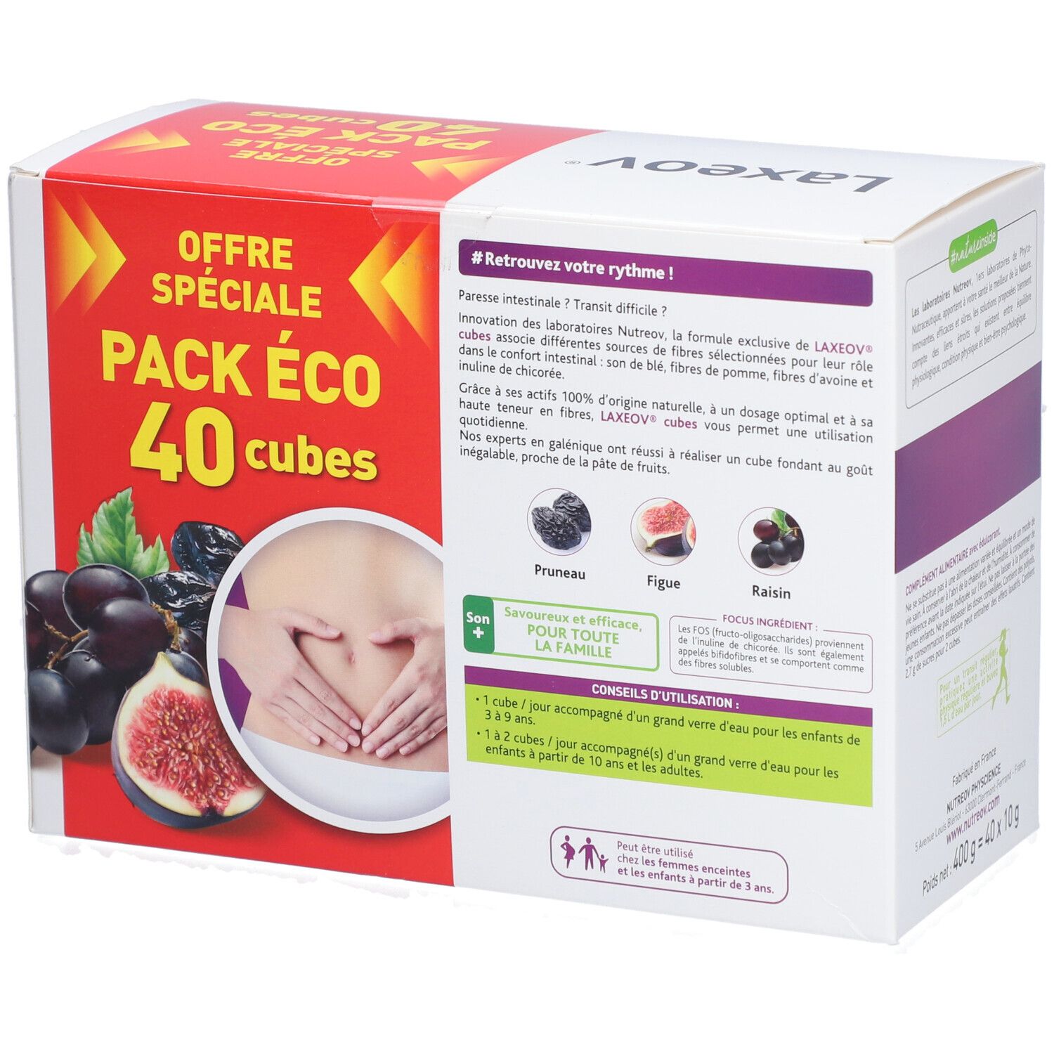 Boîte LAXEOV CUBES TRANSIT avec "PACK ECO 40 cubes". Illustration de prunes, figues, raisins et mains sur ventre.
