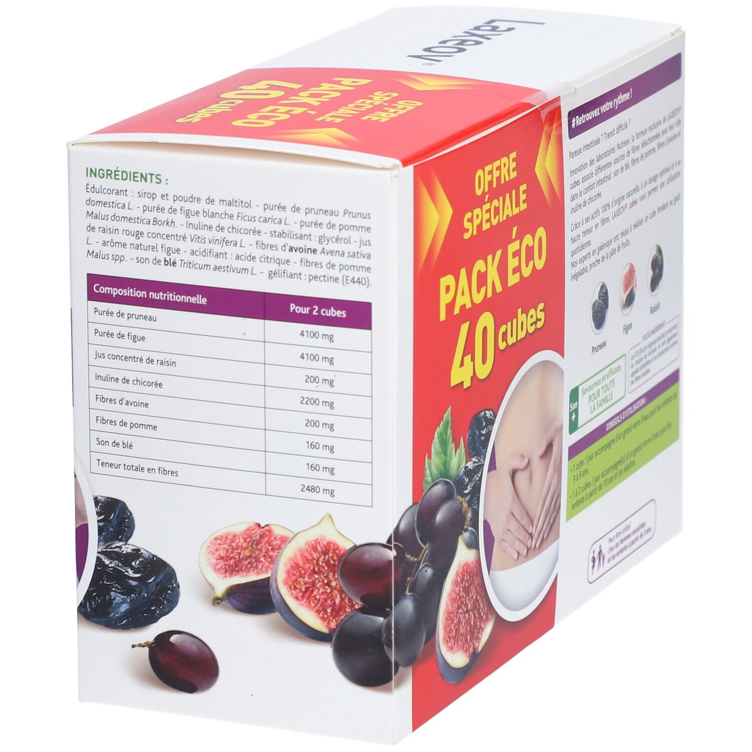 Boîte LAXEOV CUBES TRANSIT avec "PACK ECO 40 cubes". Liste des ingrédients et tableau nutritionnel. Illustration de prunes, figues et raisins.