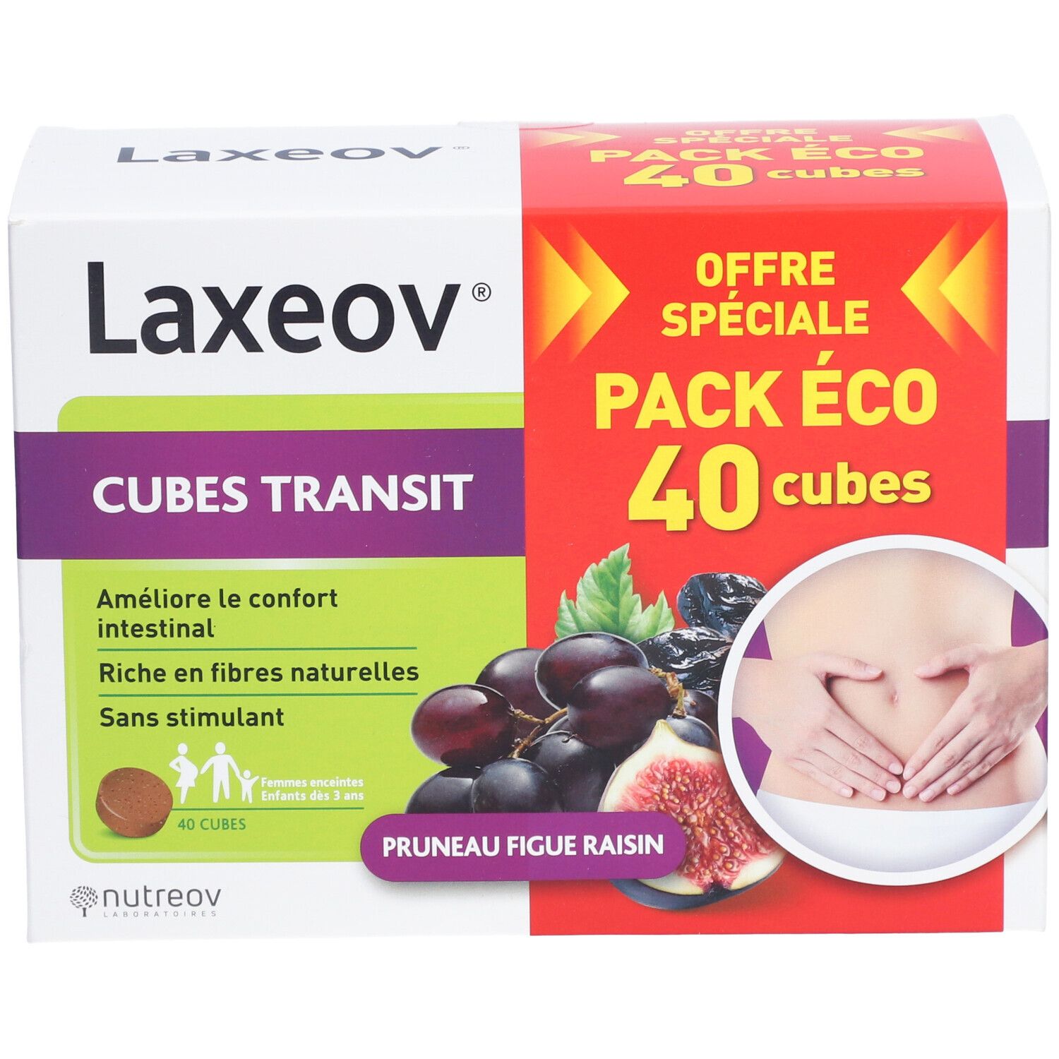 Boîte LAXEOV CUBES TRANSIT avec "PACK ECO 40 cubes". Illustration de prunes, figues, raisins et mains sur ventre. Image du produit.