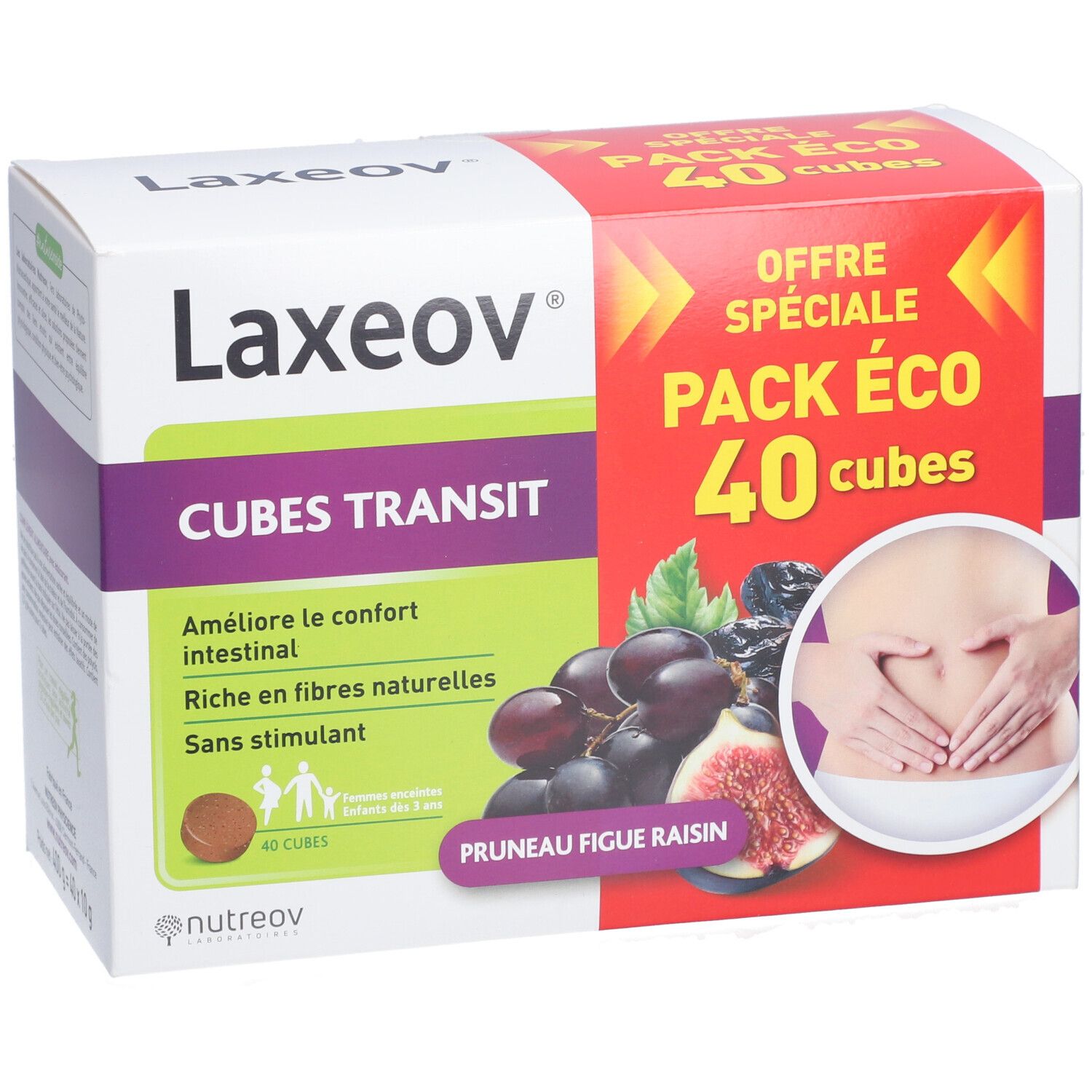 Boîte LAXEOV CUBES TRANSIT avec "PACK ECO 40 cubes". Illustration de prunes, figues, raisins et mains sur ventre. Image du produit.