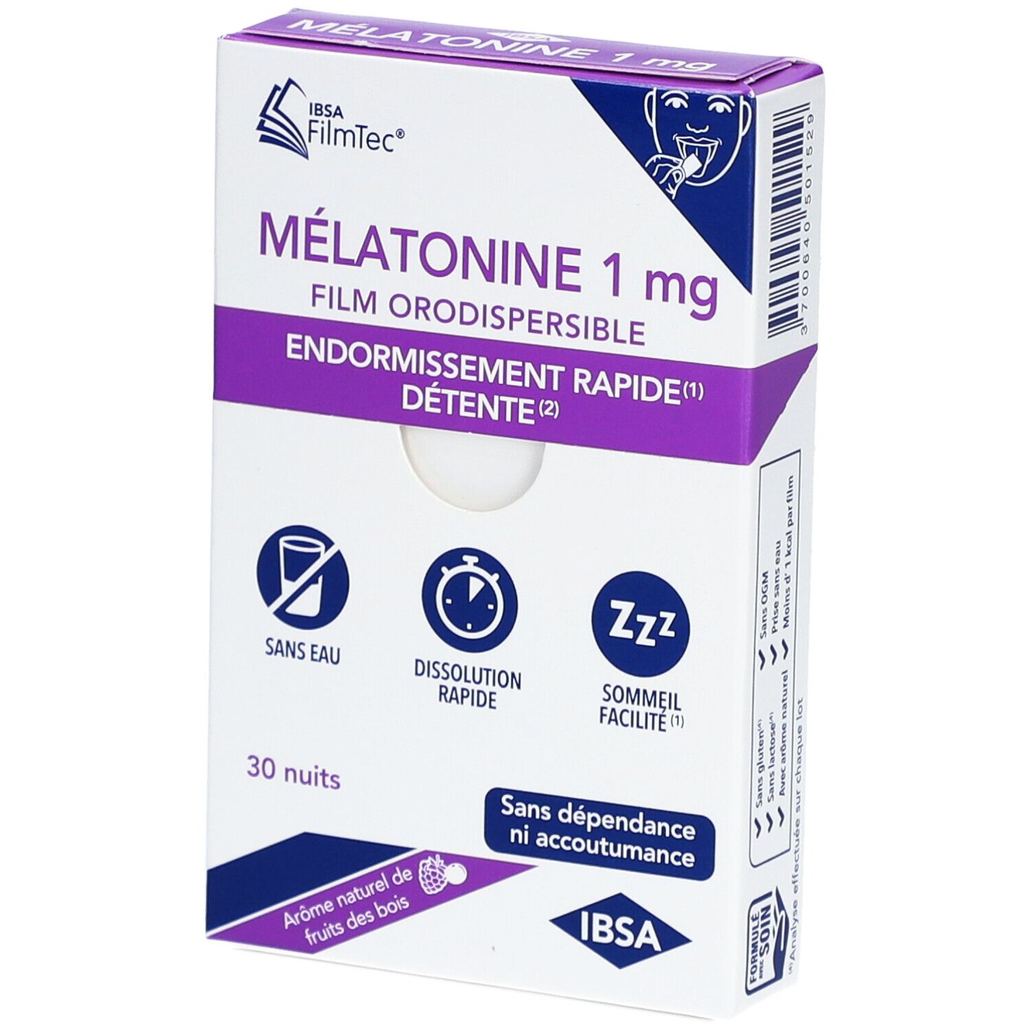 Boîte de Mélatonine 1 mg, film orodispersible. Inscription: Endormissement rapide, Détente. 30 nuits. Logo IBSA.