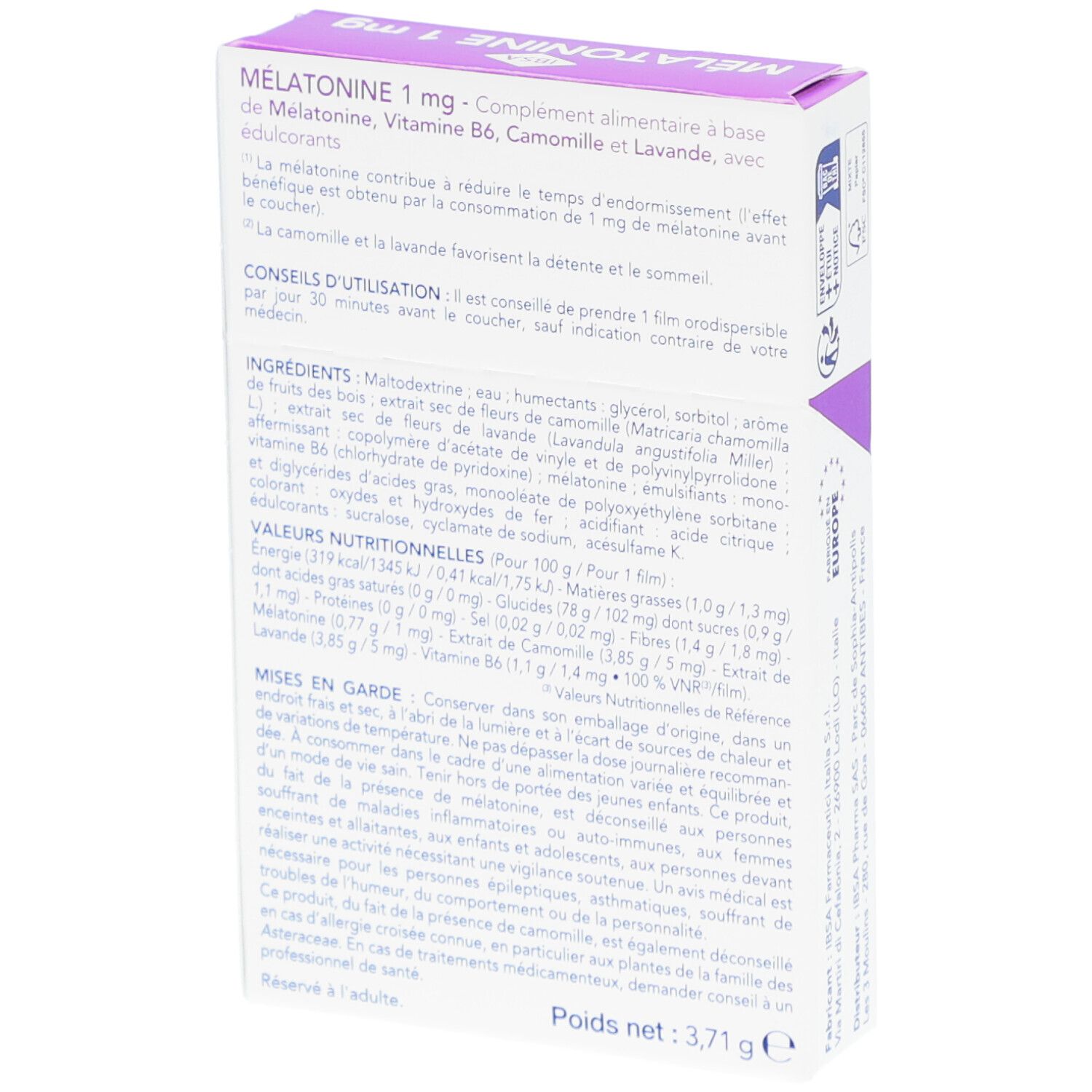 Dos de la boîte de Mélatonine 1 mg. Texte: Complément alimentaire avec mélatonine, vitamine B6, camomille et lavande. Ingrédients.