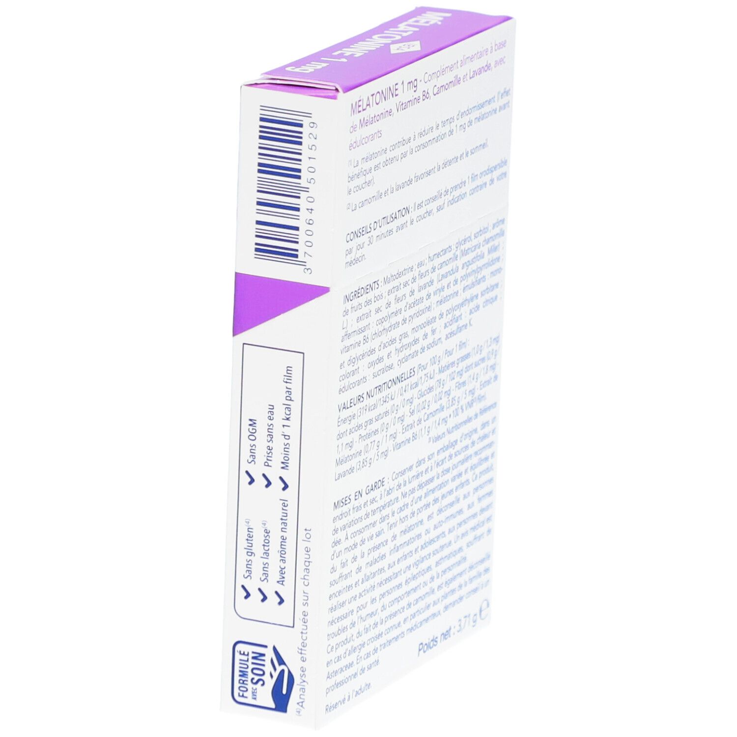 Côté de la boîte de Mélatonine 1 mg. Texte: Complément alimentaire. Sans OGM, sans lactose, avec arôme naturel. Analyse.